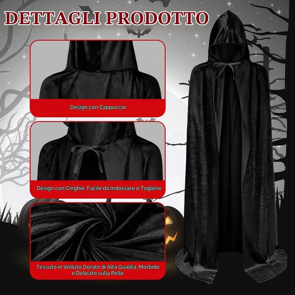 AOOWU Mantello con Cappuccio in Velluto Nero, 150cm - immagine 2