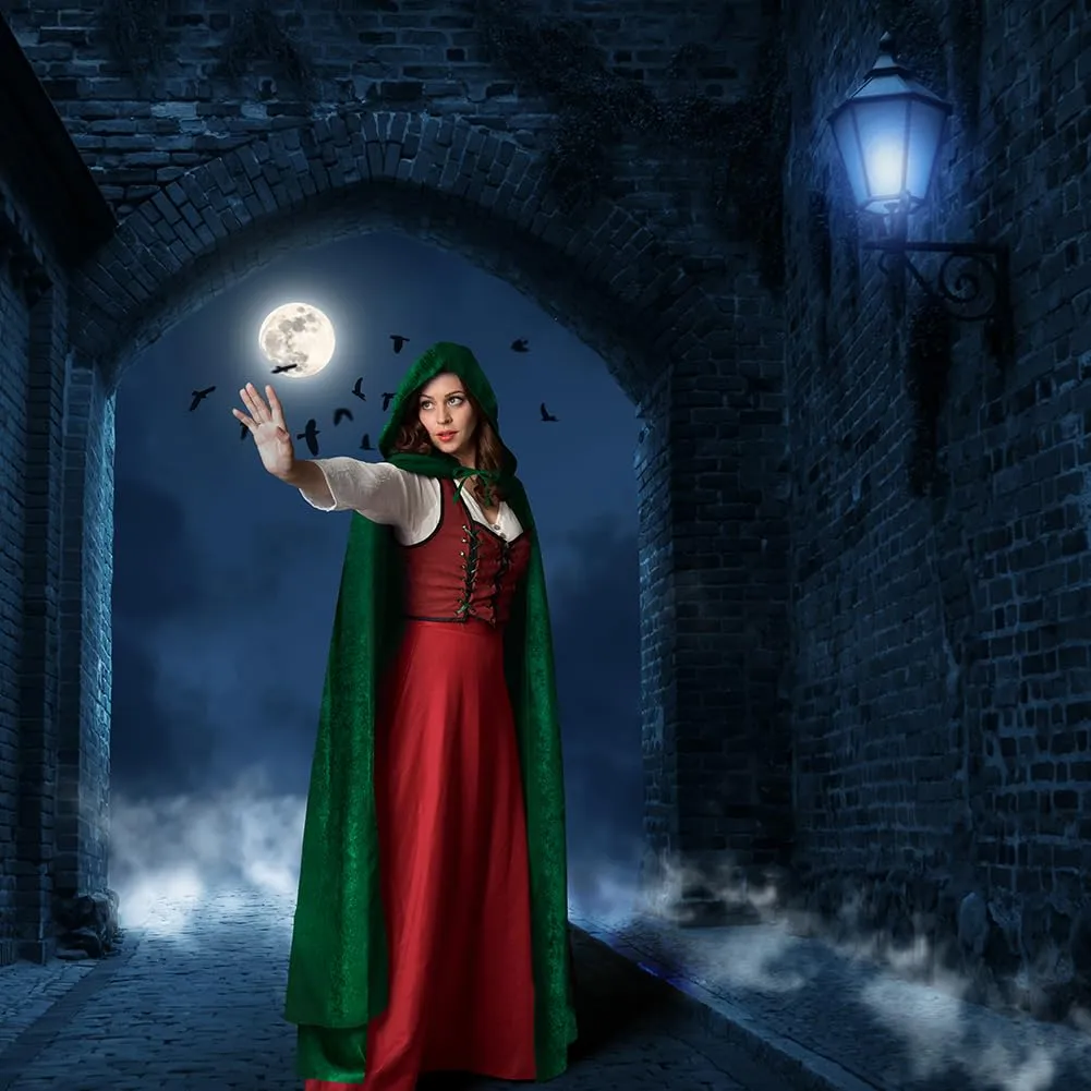AOOWU Mantello con Cappuccio in Velluto Verde Scuro, 150cm - immagine 6