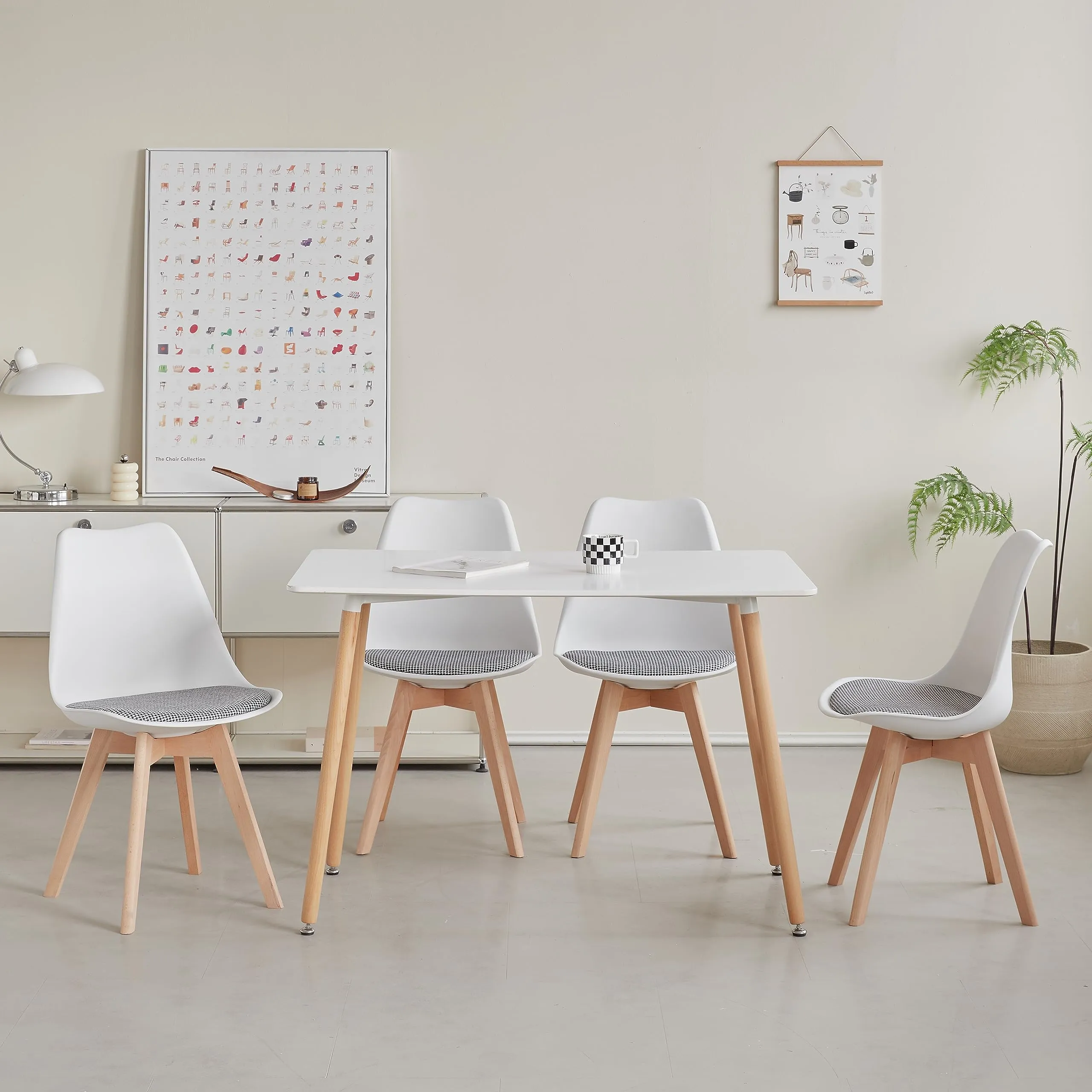 GrandCA HOME Set di 4 Sedie da Pranzo in Legno di Faggio Massello, Design Retrò, Imbottite, Bianco-QNG - immagine 8
