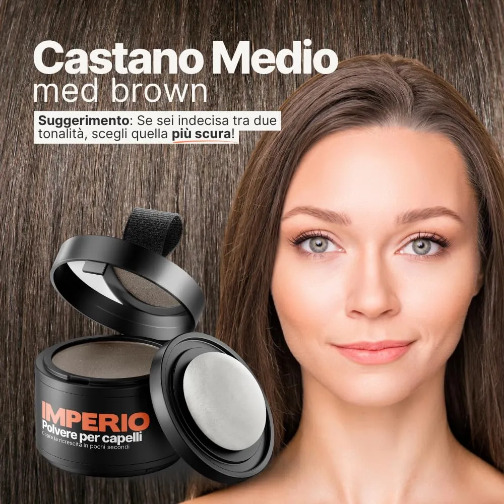 IMPERIO Polvere per capelli, Correttore per infoltimento e ricrescita, waterproof, 4g (Castano Medio) - immagine 3