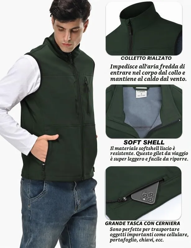 Zzkouine Gilet Softshell Uomo Traspirante con 5 Tasche - Verde - 3XL - immagine 3