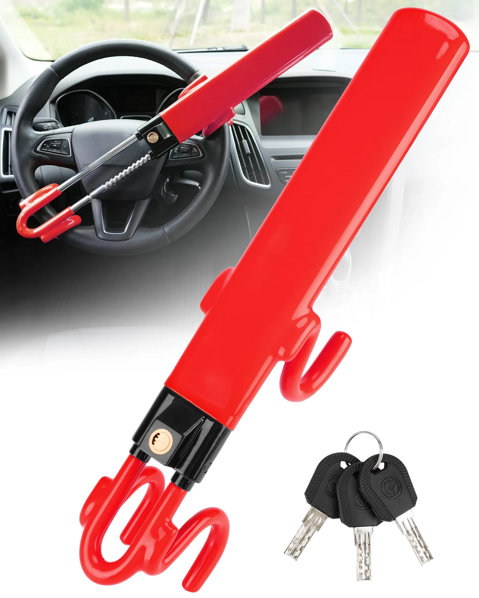 Tevlaphee Blocca Sterzo Automobile Universale, Lunghezza Regolabile, Rosso, 3 Chiavi - immagine 2