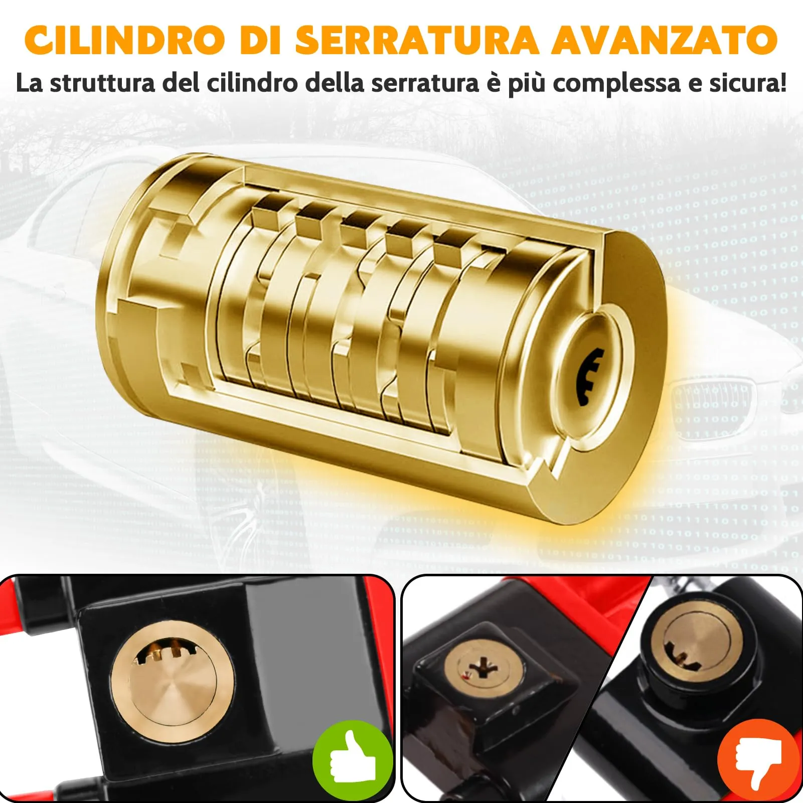 Tevlaphee Blocca Sterzo Automobile Universale, Lunghezza Regolabile, Rosso, 3 Chiavi - immagine 3