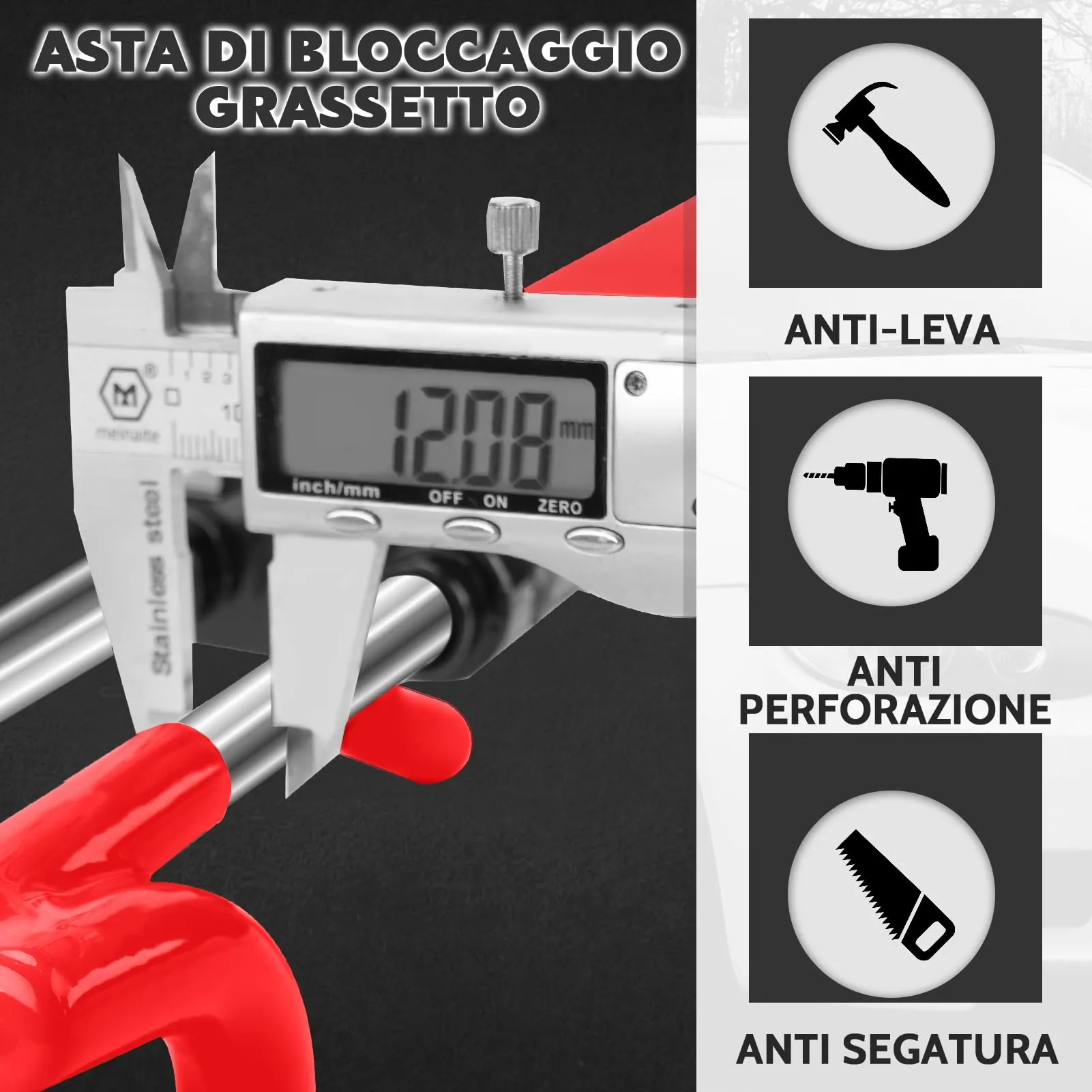 Tevlaphee Blocca Sterzo Automobile Universale, Lunghezza Regolabile, Rosso, 3 Chiavi - immagine 4