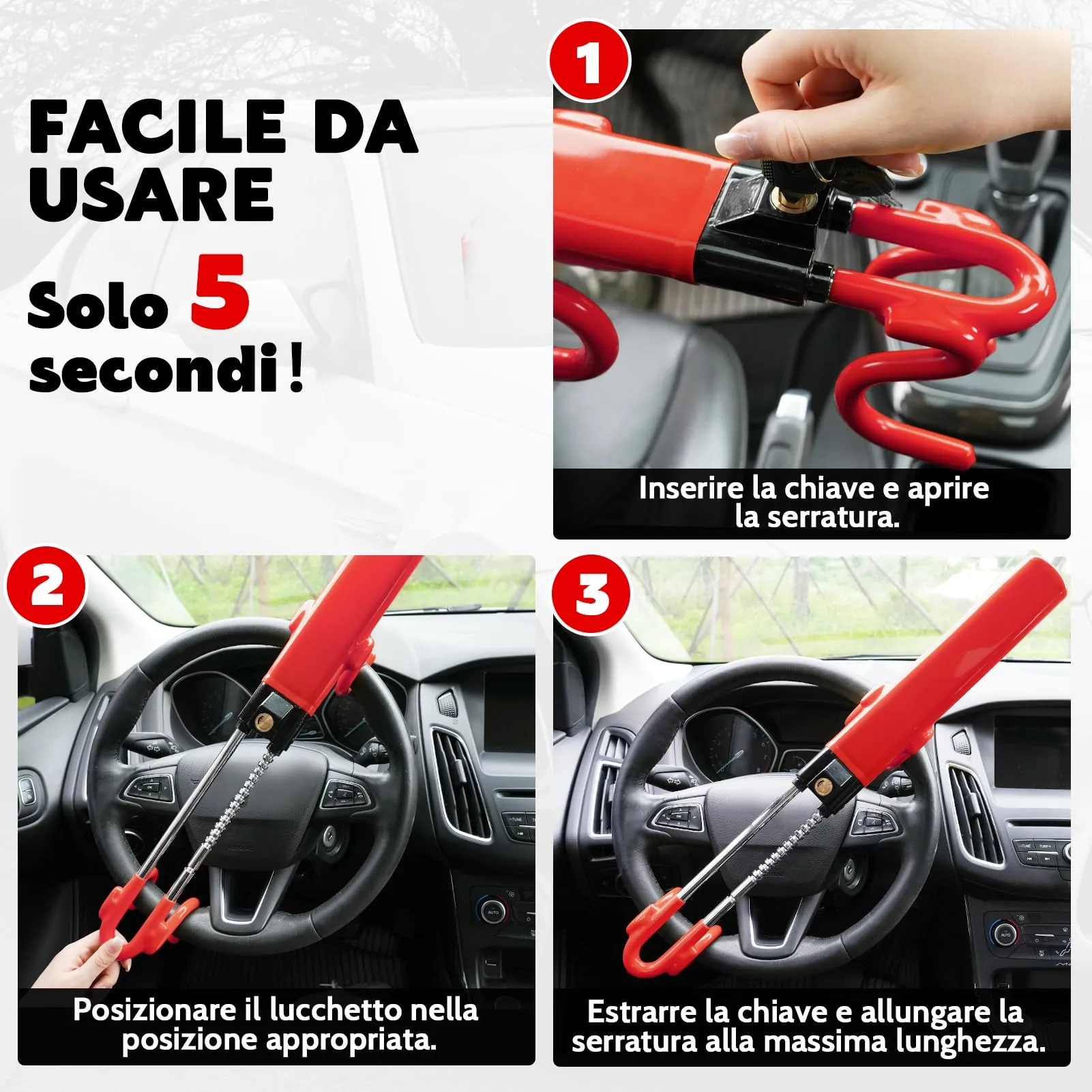 Tevlaphee Blocca Sterzo Automobile Universale, Lunghezza Regolabile, Rosso, 3 Chiavi - immagine 6