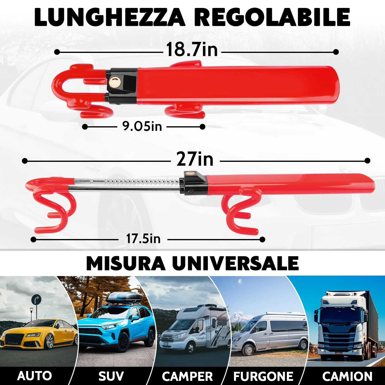 Tevlaphee Blocca Sterzo Automobile Universale, Lunghezza Regolabile, Rosso, 3 Chiavi - immagine 7