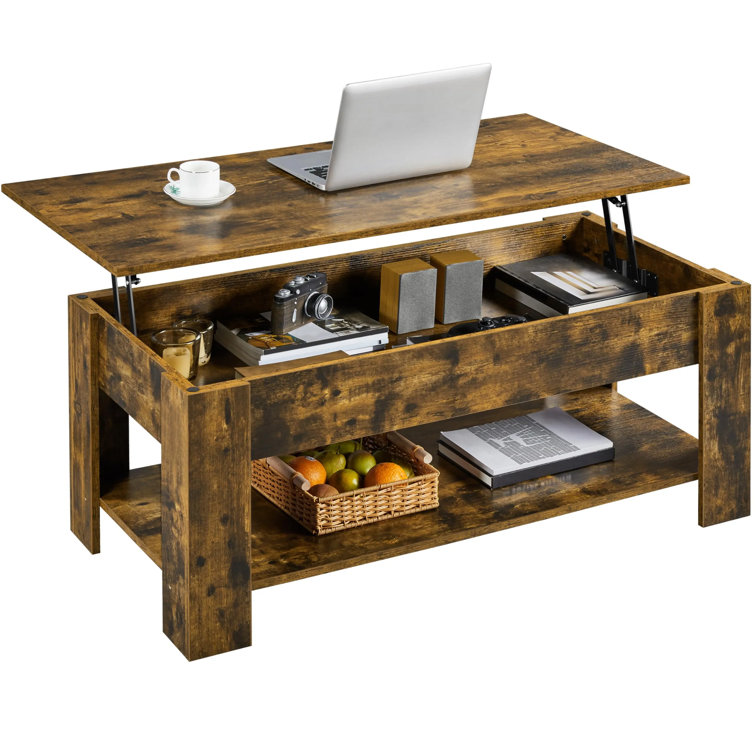 Yaheetech Tavolino da Caffè Sollevabile 120x59x49,5-62,5 cm, Marrone Rustico - immagine 1