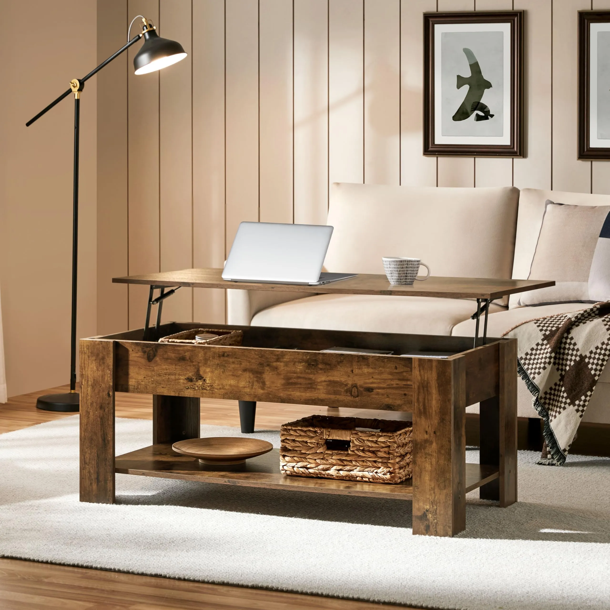 Yaheetech Tavolino da Caffè Sollevabile 120x59x49,5-62,5 cm, Marrone Rustico - immagine 2