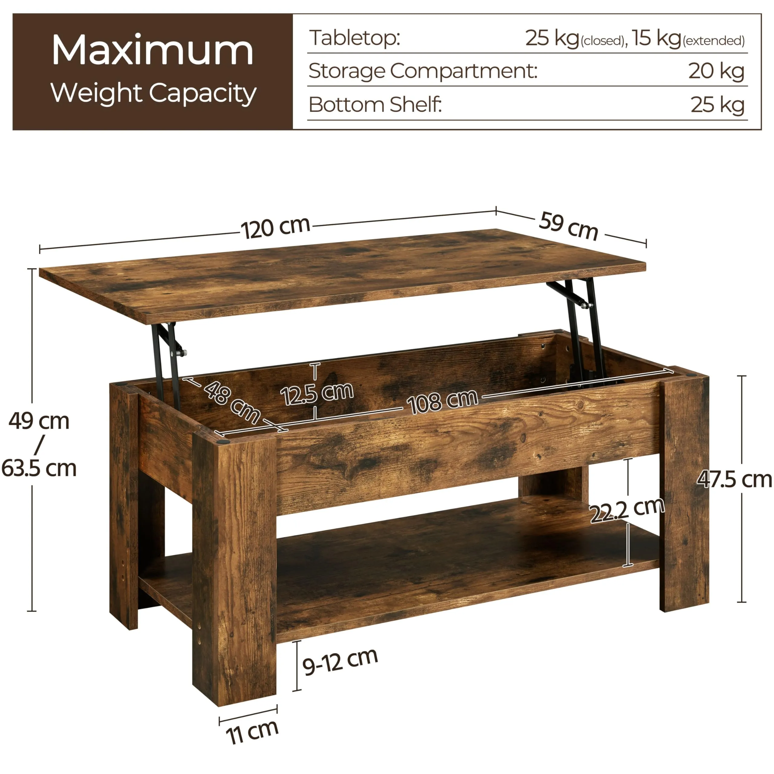 Yaheetech Tavolino da Caffè Sollevabile 120x59x49,5-62,5 cm, Marrone Rustico - immagine 3