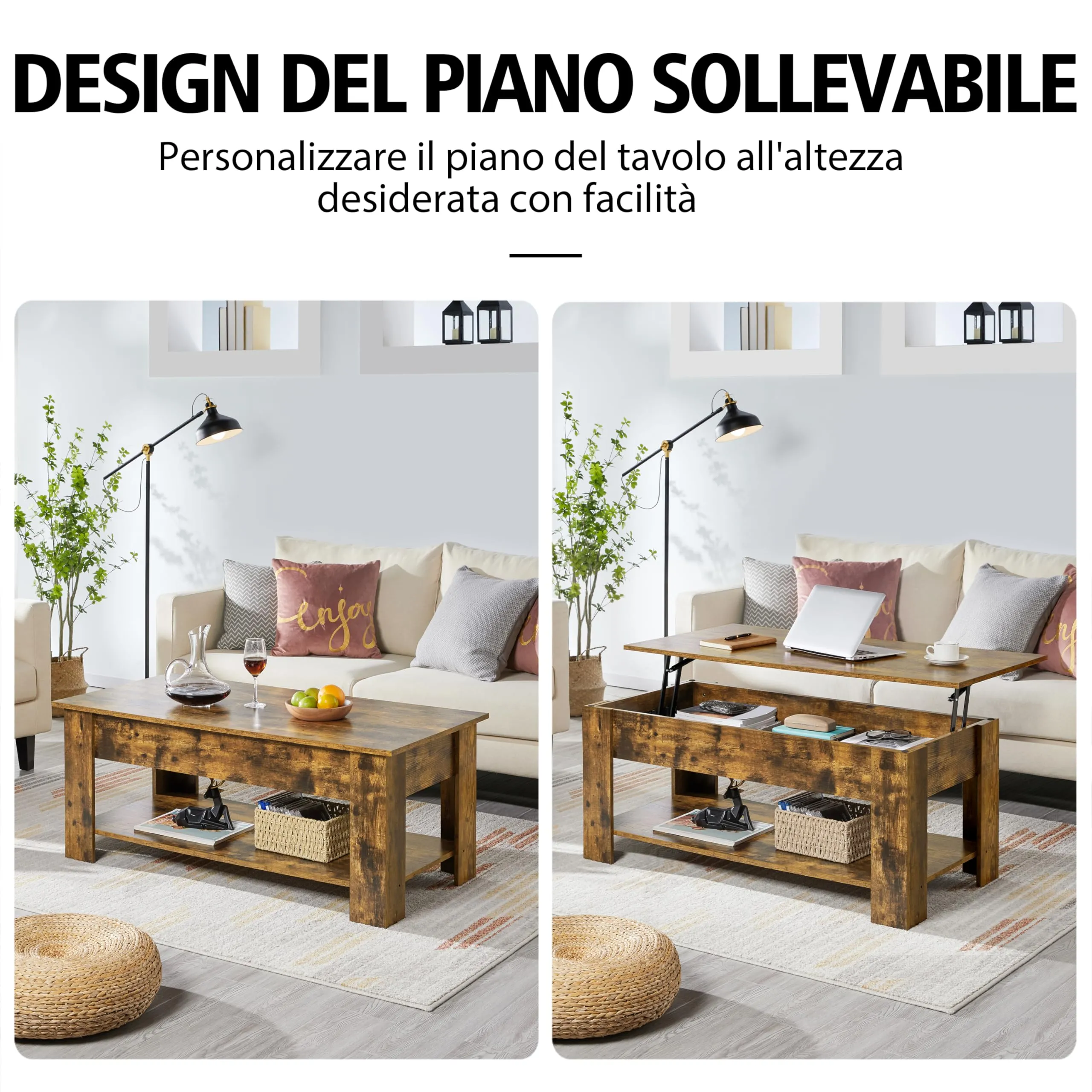 Yaheetech Tavolino da Caffè Sollevabile 120x59x49,5-62,5 cm, Marrone Rustico - immagine 4