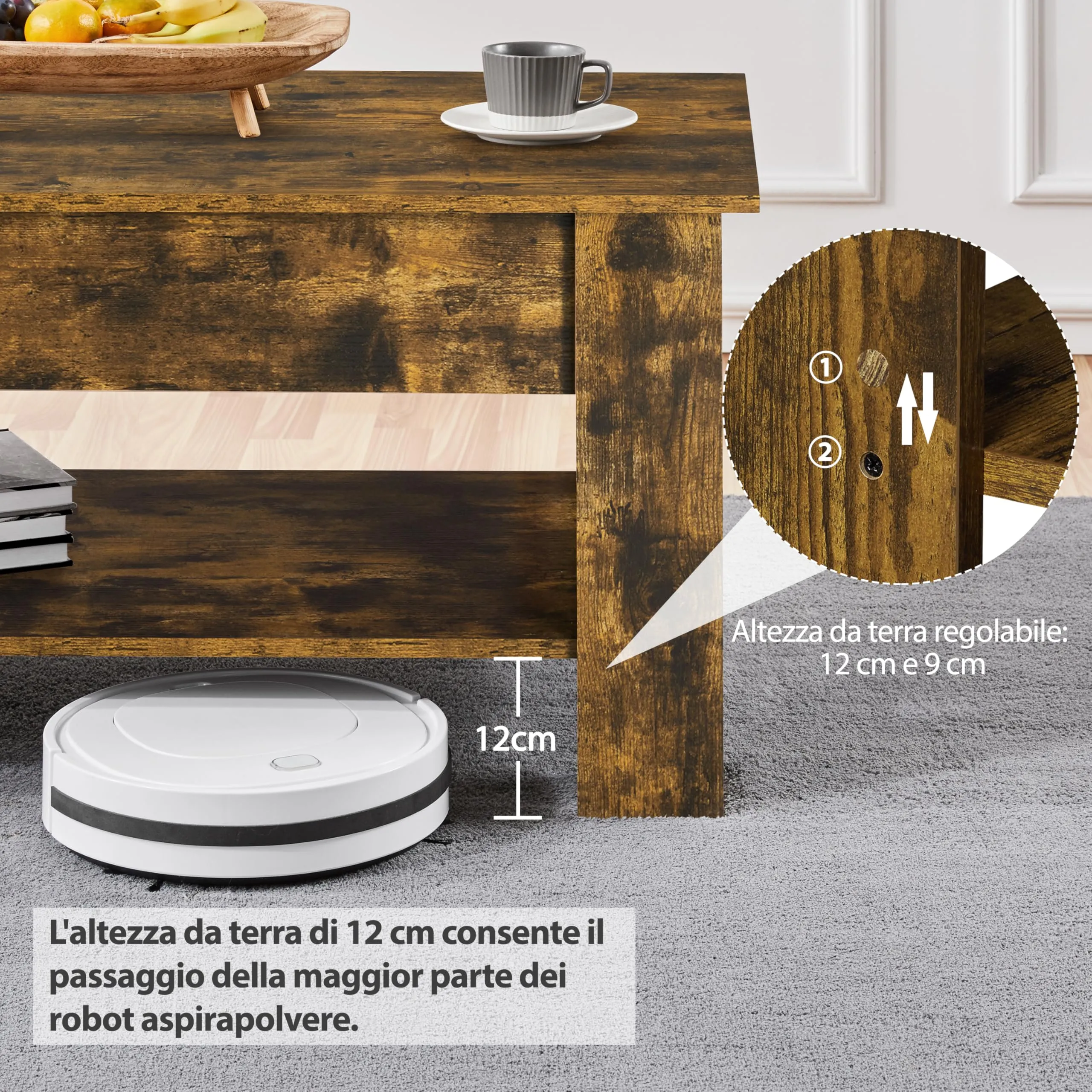 Yaheetech Tavolino da Caffè Sollevabile 120x59x49,5-62,5 cm, Marrone Rustico - immagine 6