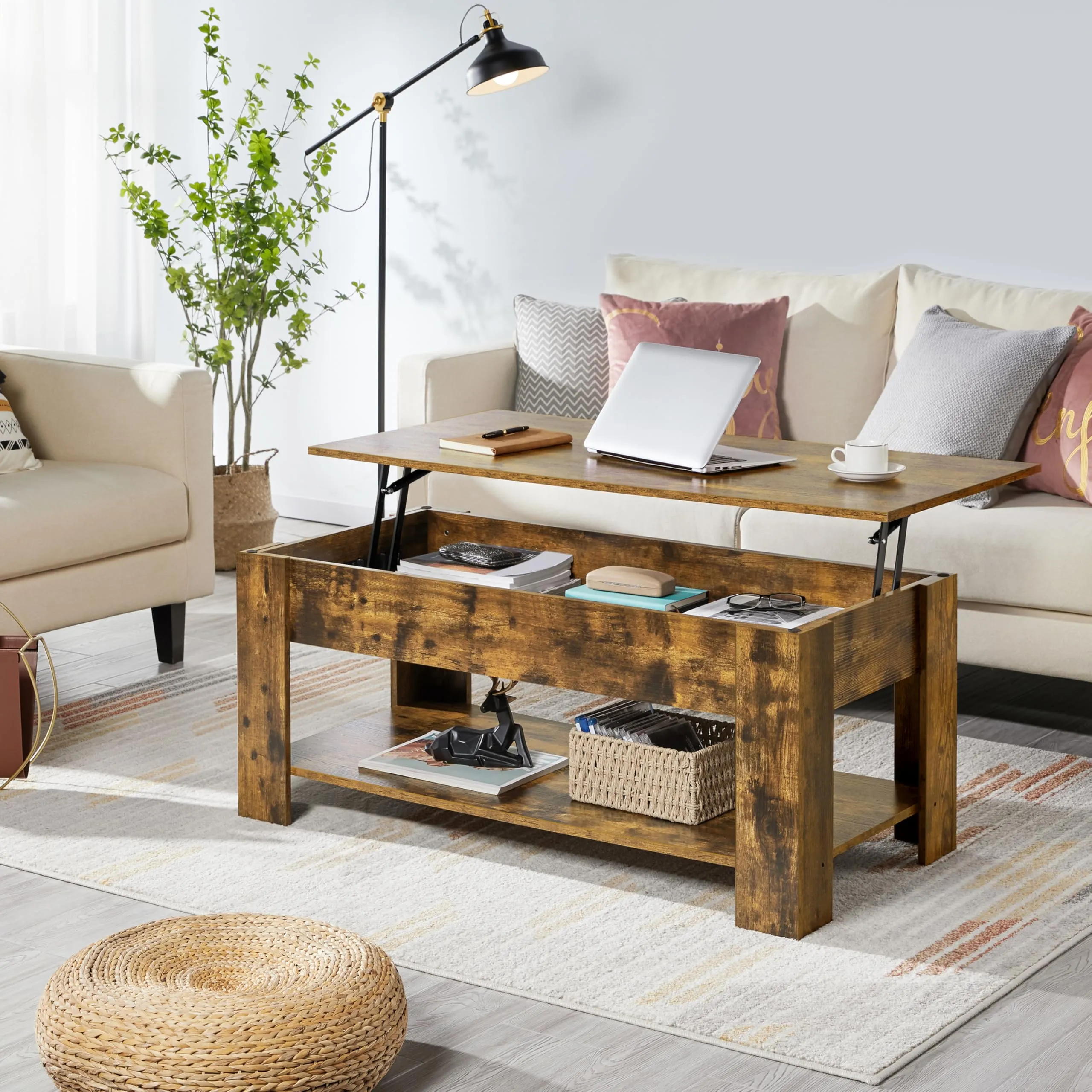 Yaheetech Tavolino da Caffè Sollevabile 120x59x49,5-62,5 cm, Marrone Rustico - immagine 8