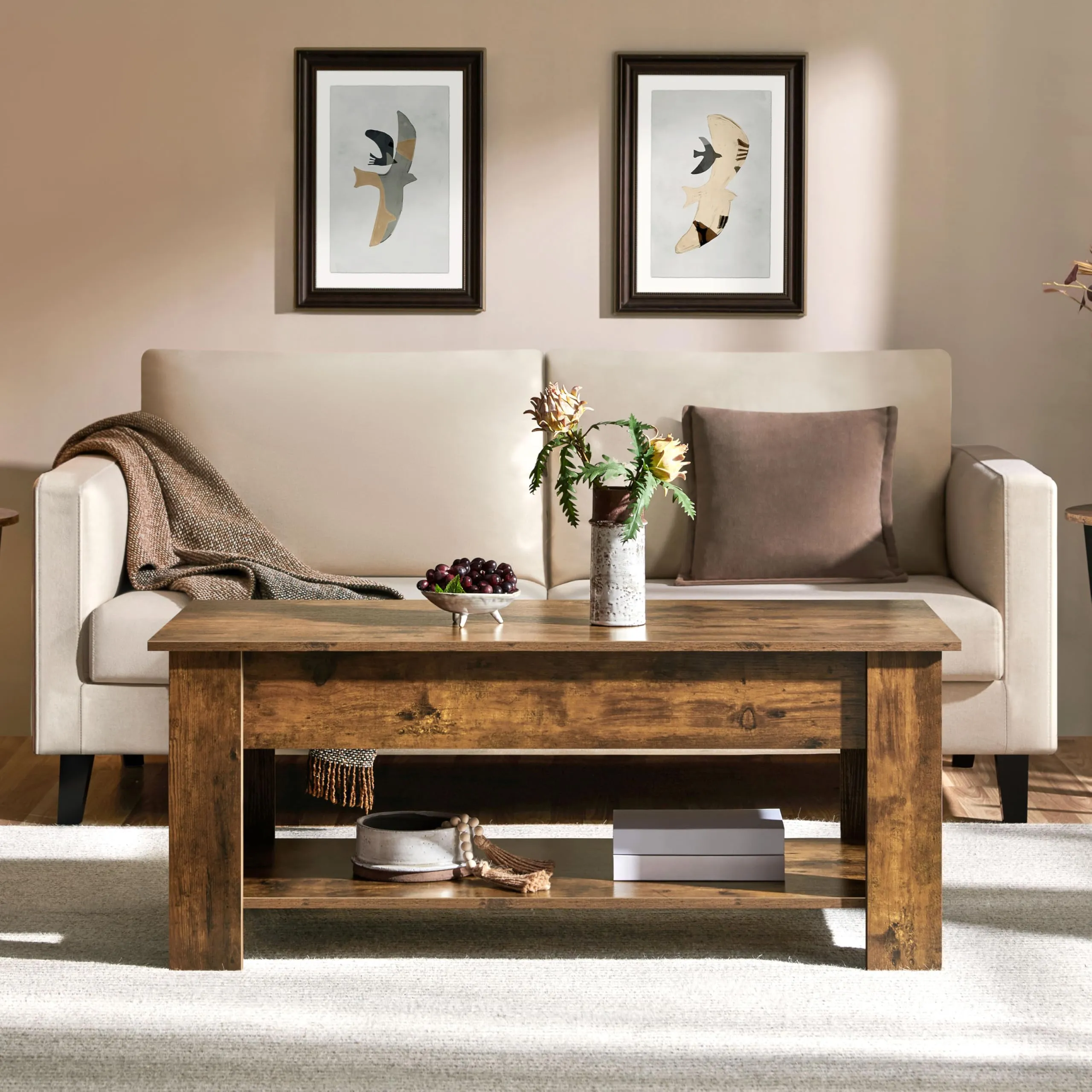 Yaheetech Tavolino da Caffè Sollevabile 120x59x49,5-62,5 cm, Marrone Rustico - immagine 9