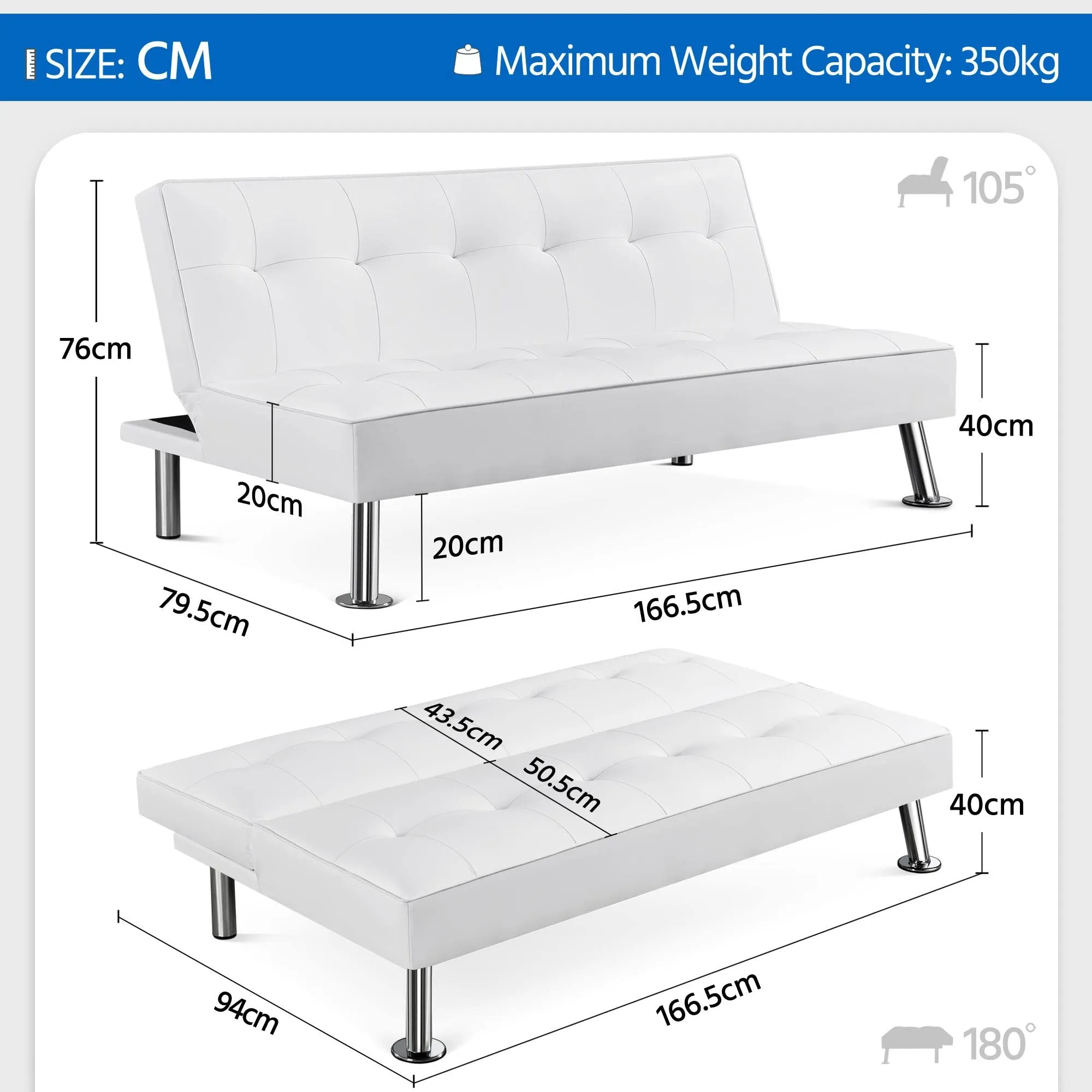 Yaheetech Divano Letto 3 Posti Trasformabile, Similcuoio Bianco - immagine 3