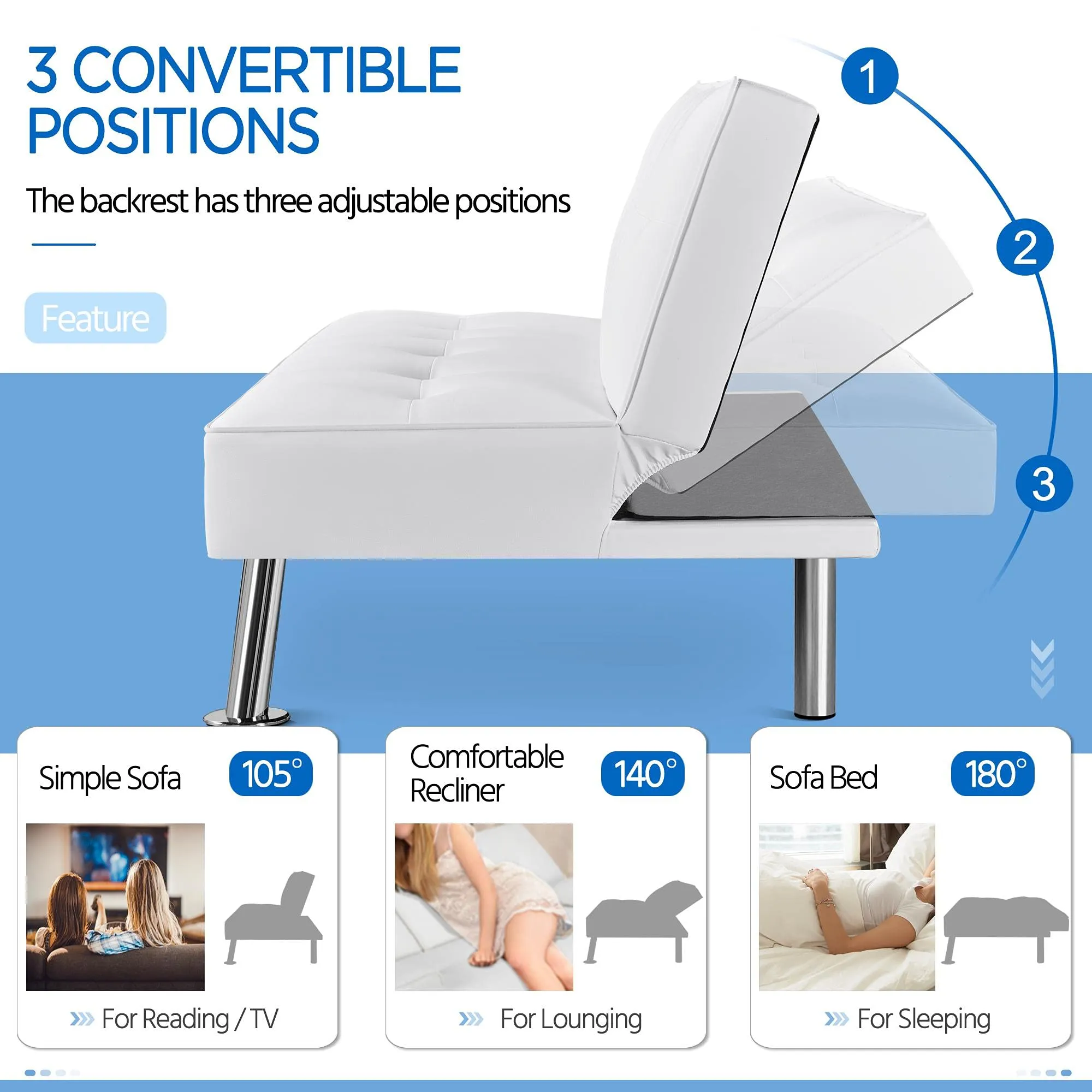 Yaheetech Divano Letto 3 Posti Trasformabile, Similcuoio Bianco - immagine 5