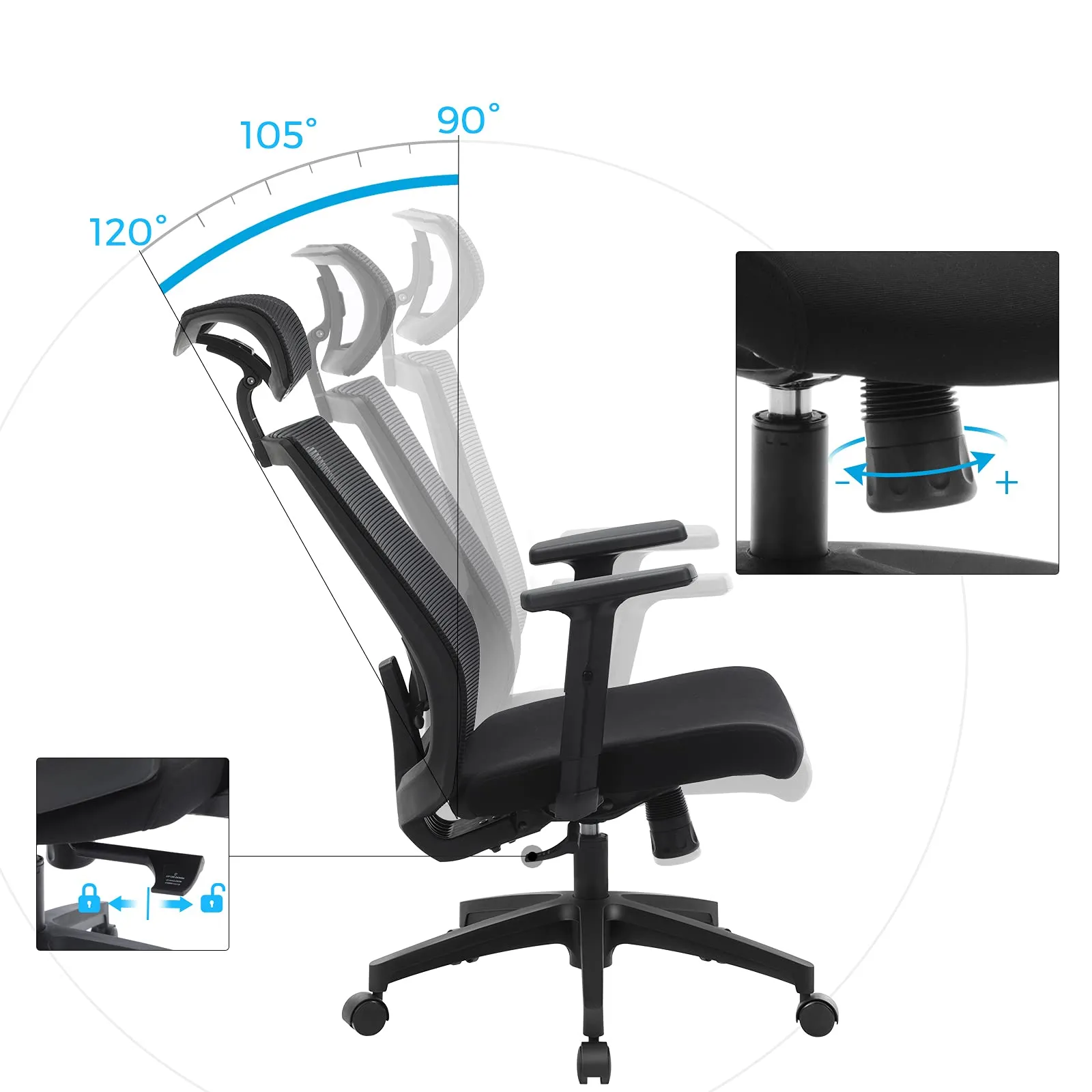 SONGMICS Sedia da Ufficio Ergonomica in Rete con Supporto Lombare, Poggiatesta e Braccioli Regolabili, Nero OBN55BK - immagine 3