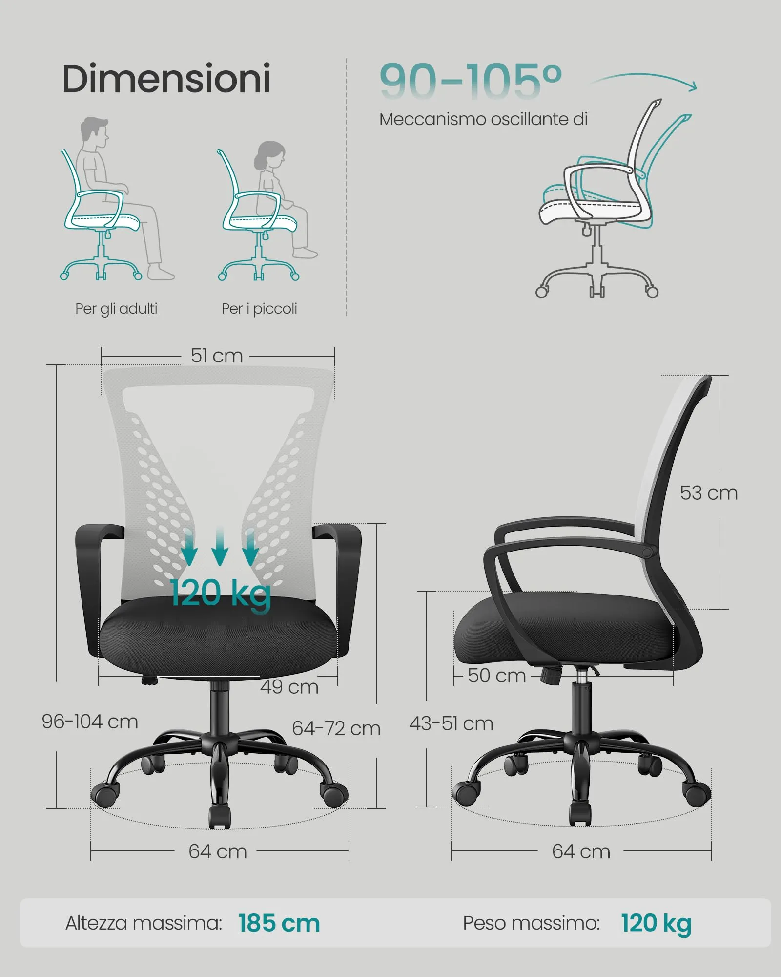 SONGMICS Sedia da Ufficio Girevole in Rete, Regolabile in Altezza e Inclinazione, Grigio OBN022G01 - immagine 3