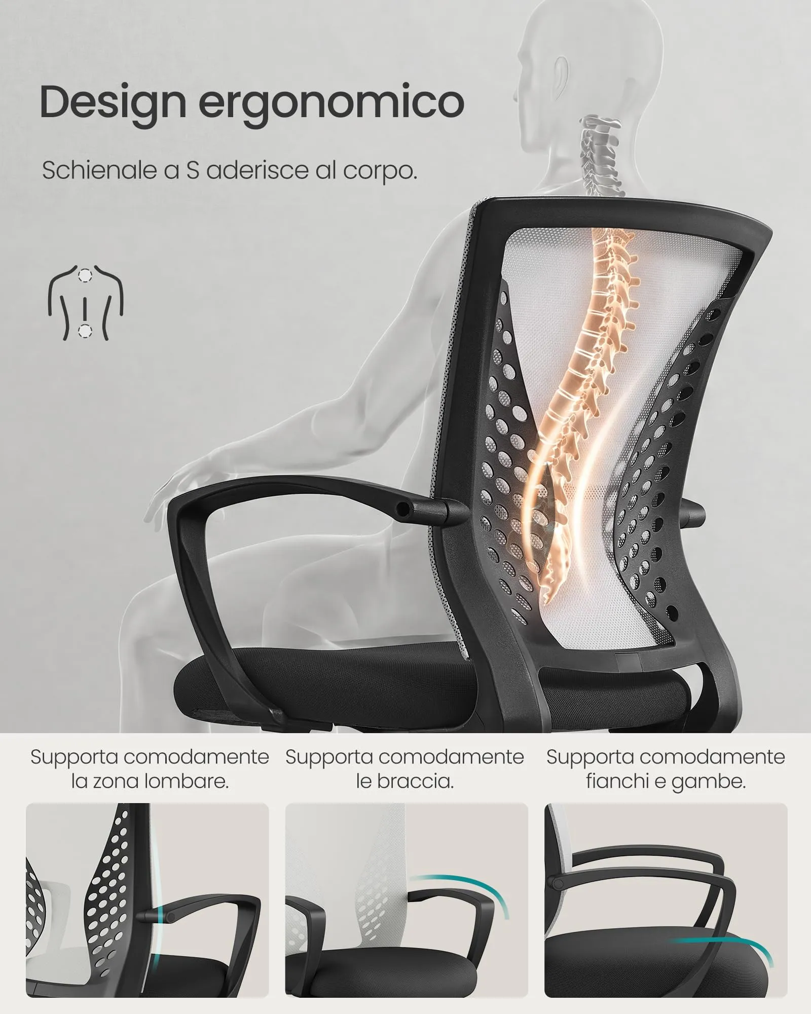 SONGMICS Sedia da Ufficio Girevole in Rete, Regolabile in Altezza e Inclinazione, Grigio OBN022G01 - immagine 4