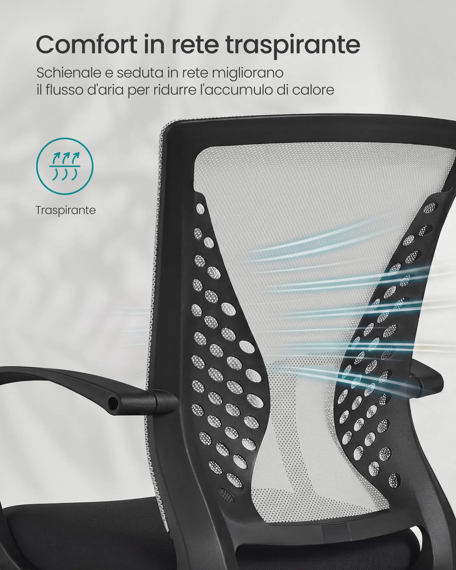 SONGMICS Sedia da Ufficio Girevole in Rete, Regolabile in Altezza e Inclinazione, Grigio OBN022G01 - immagine 5