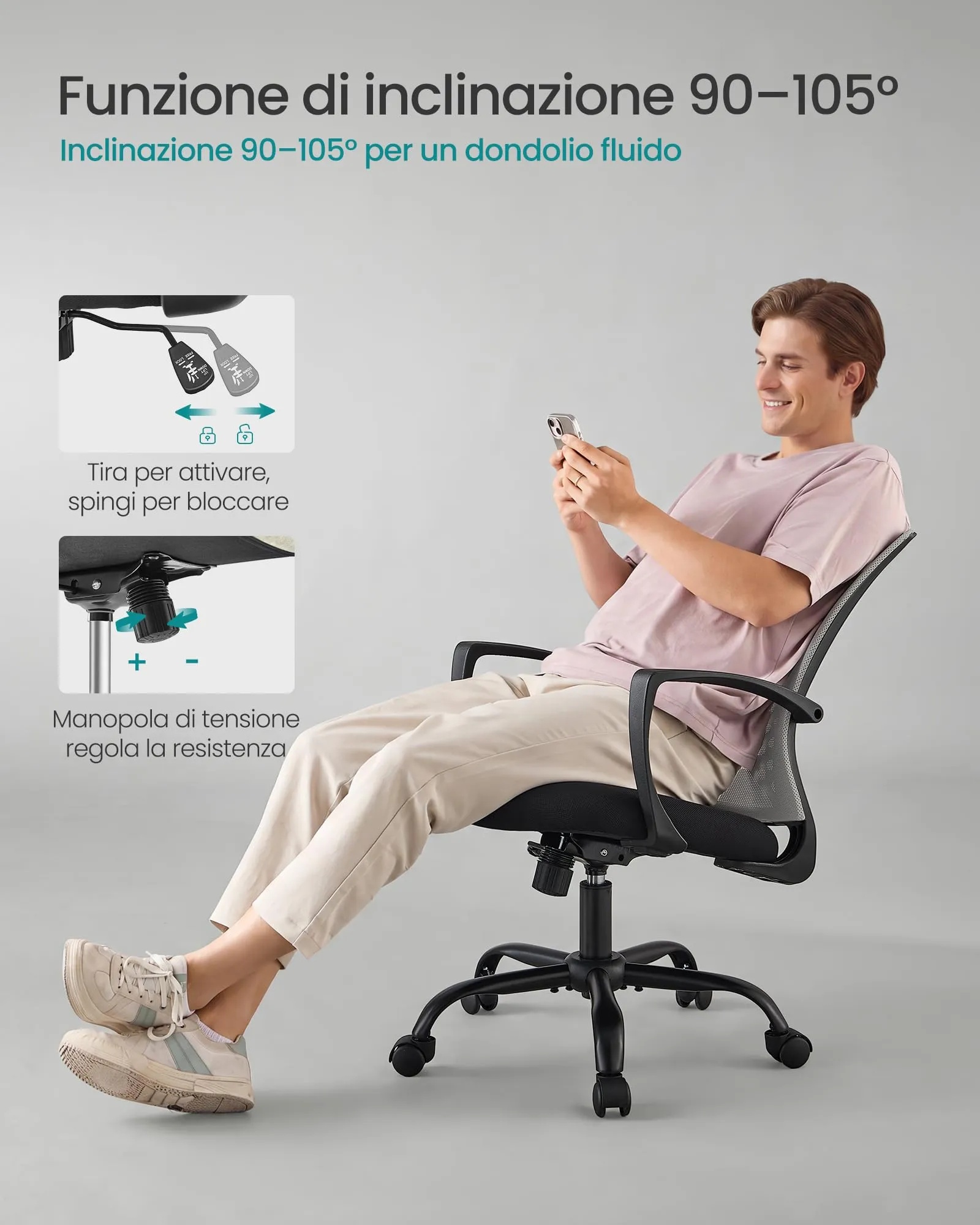 SONGMICS Sedia da Ufficio Girevole in Rete, Regolabile in Altezza e Inclinazione, Grigio OBN022G01 - immagine 7