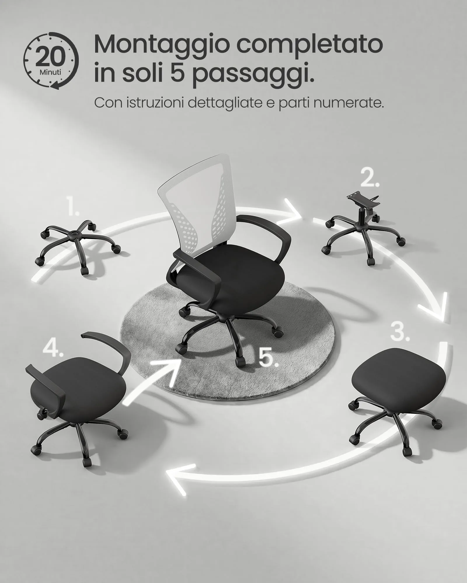 SONGMICS Sedia da Ufficio Girevole in Rete, Regolabile in Altezza e Inclinazione, Grigio OBN022G01 - immagine 8