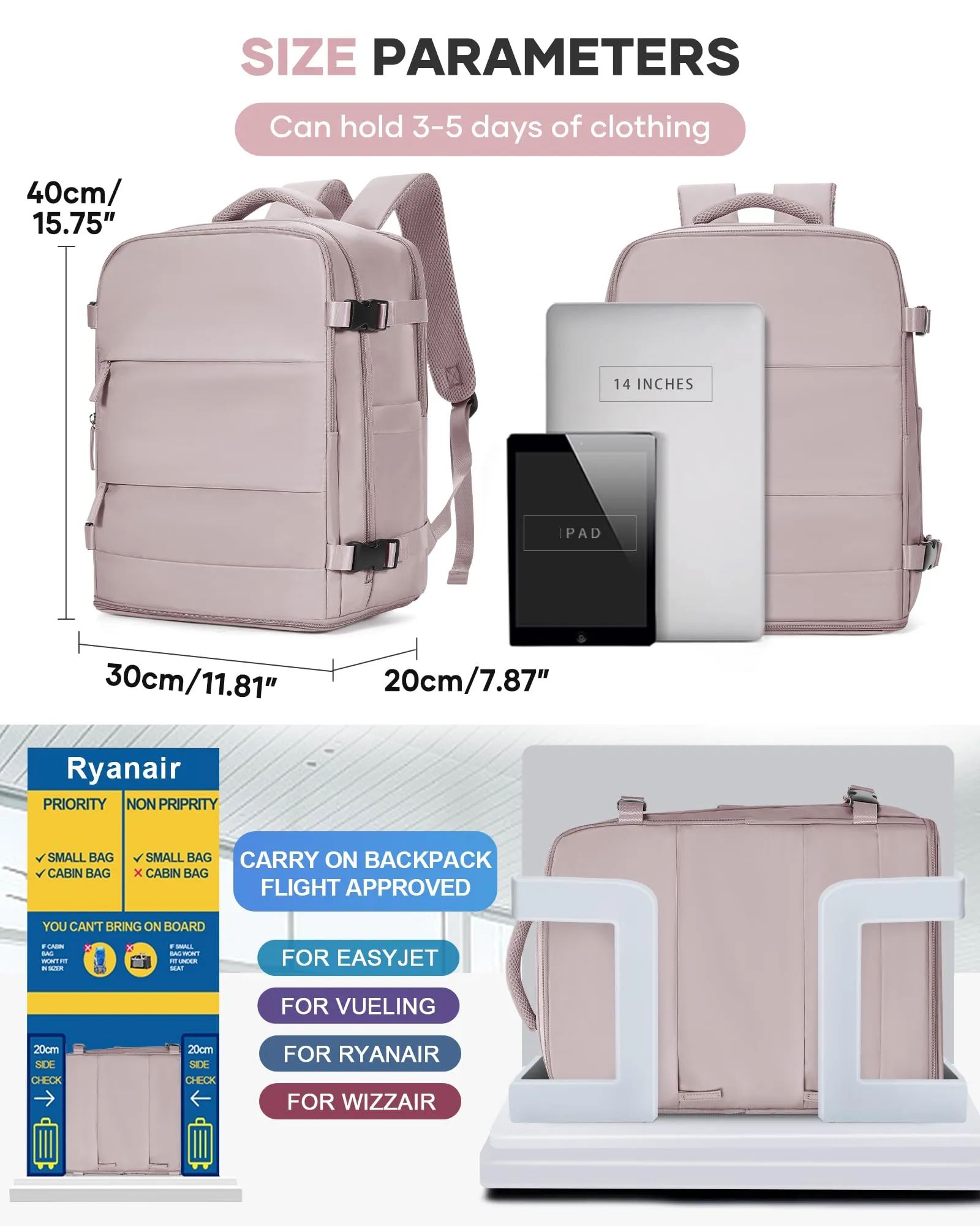 BJLFS Borse da Cabina Ryanair 40x30x20 Bagaglio a Mano per Donna e Uomo - immagine 3