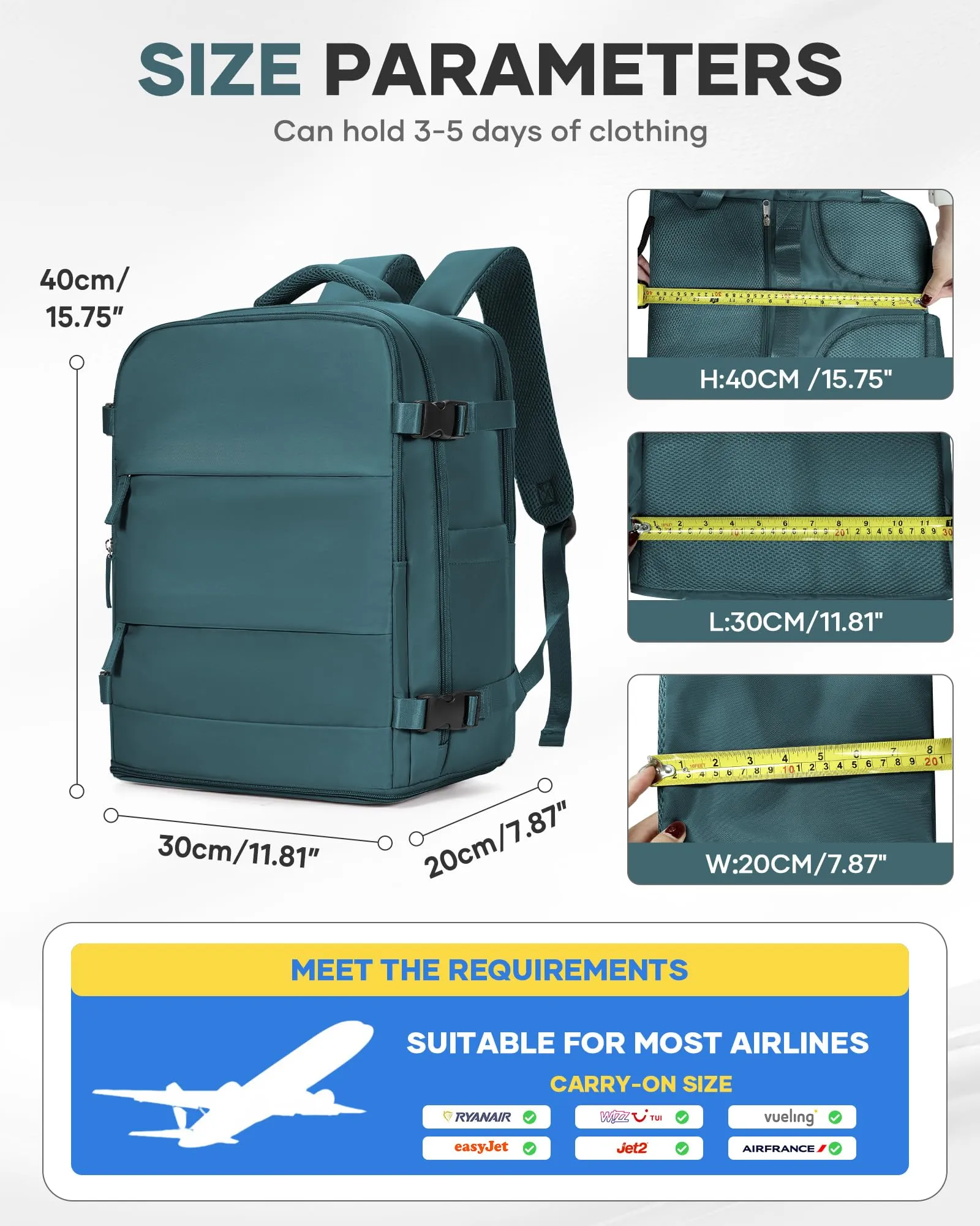 BJLFS Borse da Cabina per Ryanair 40x30x20 Bagaglio a mano Donna Uomo - immagine 3