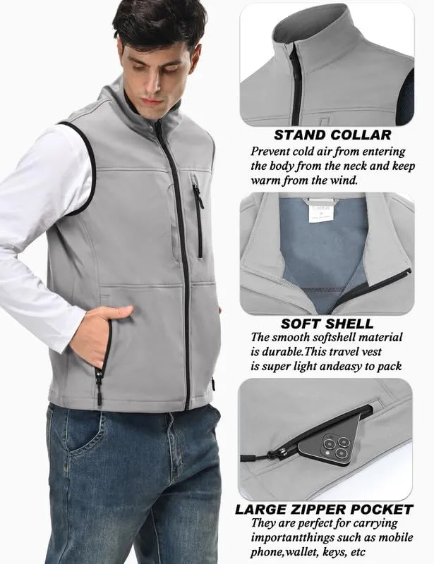 Zzkouine Running Vest Fleece-Lined Softshell Sleeveless Jacket with 9 Pockets - Light Grey - 2XL - immagine 2