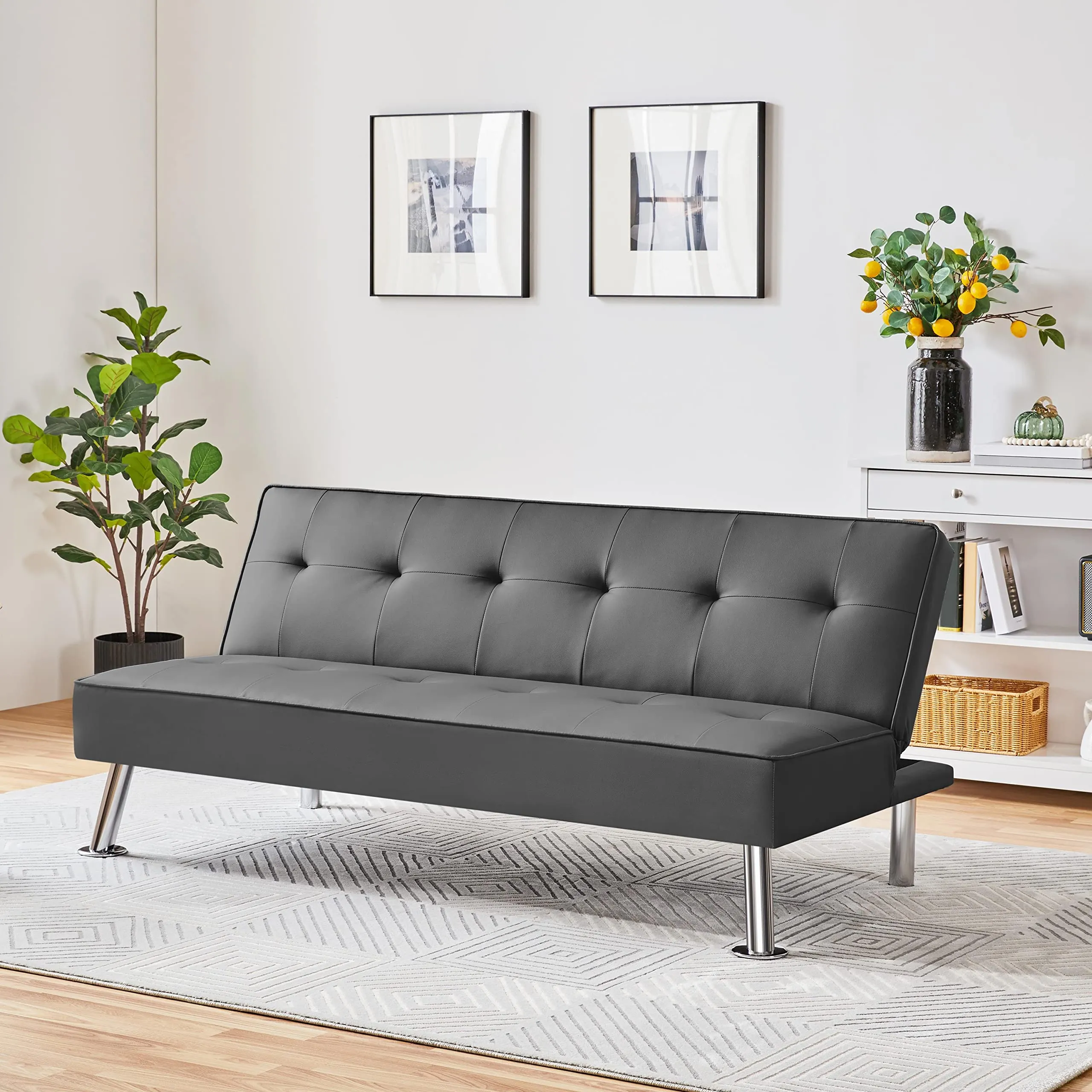 Yaheetech Divano Letto 3 Posti Trasformabile, Pelle, Grigio - immagine 2
