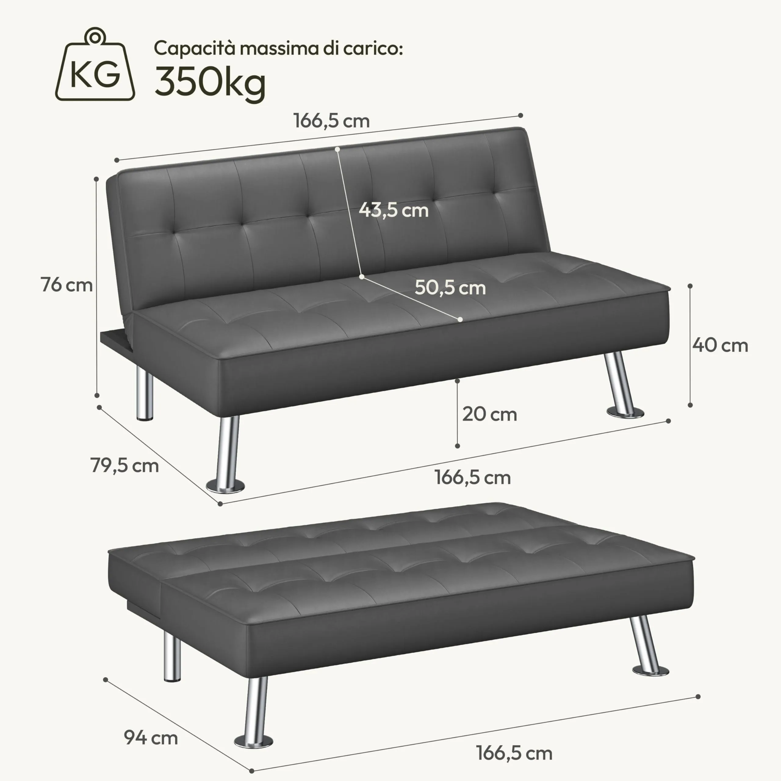 Yaheetech Divano Letto 3 Posti Trasformabile, Pelle, Grigio - immagine 3
