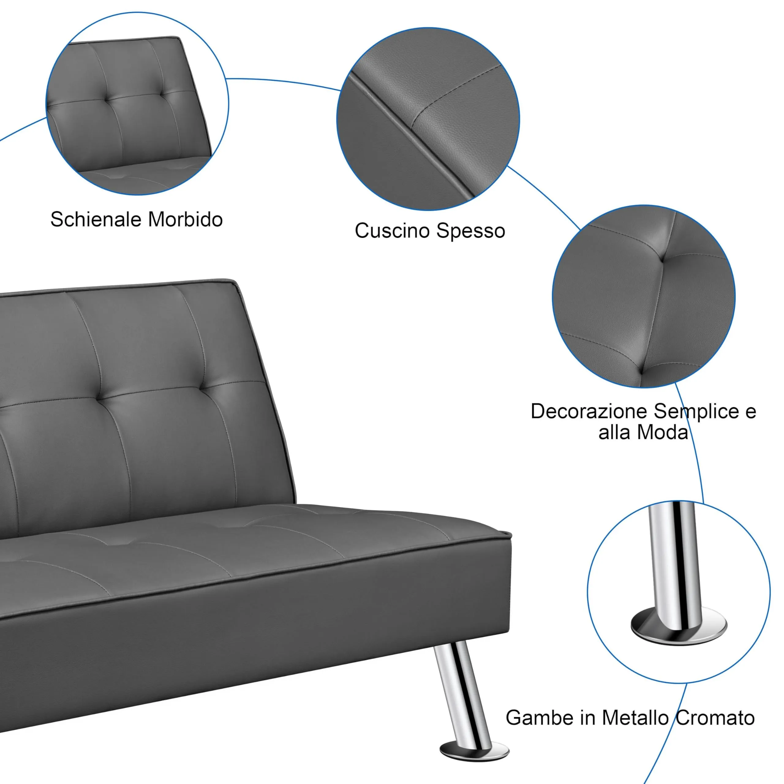 Yaheetech Divano Letto 3 Posti Trasformabile, Pelle, Grigio - immagine 4