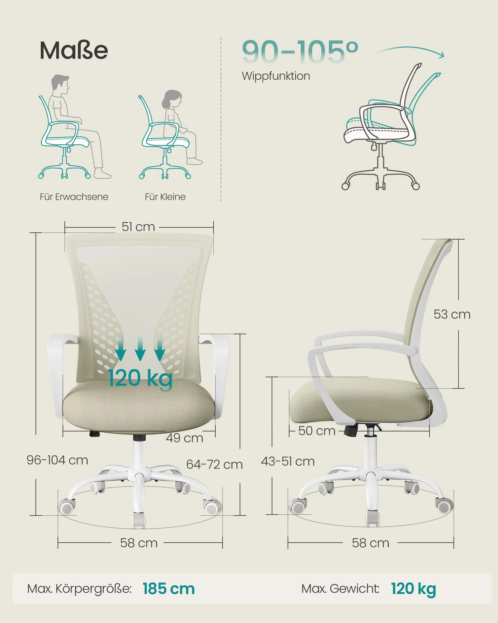 SONGMICS Sedia da Ufficio Poltrona Girevole Regolabile in Altezza Beige Cappuccino - immagine 3