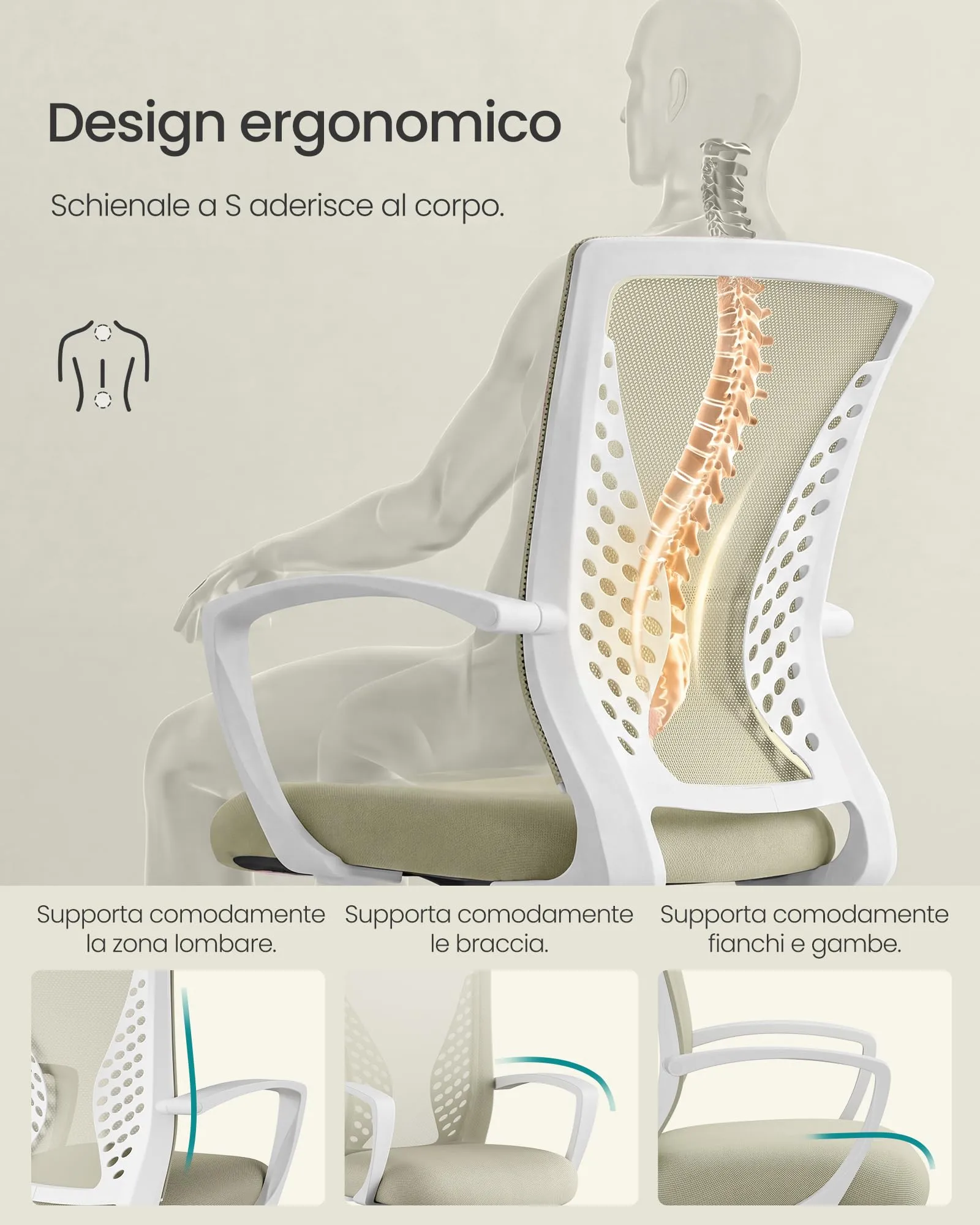 SONGMICS Sedia da Ufficio Poltrona Girevole Regolabile in Altezza Beige Cappuccino - immagine 5