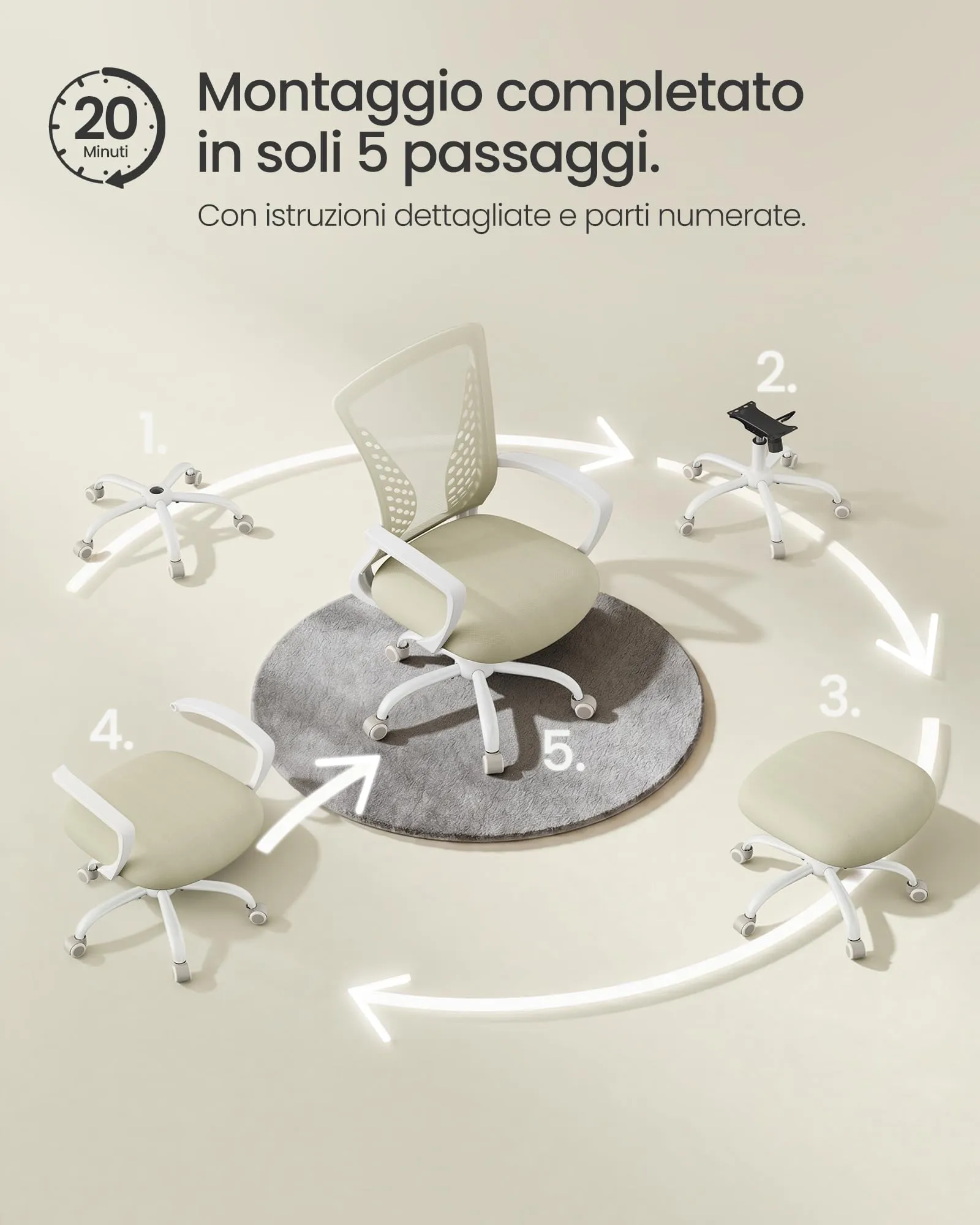 SONGMICS Sedia da Ufficio Poltrona Girevole Regolabile in Altezza Beige Cappuccino - immagine 9