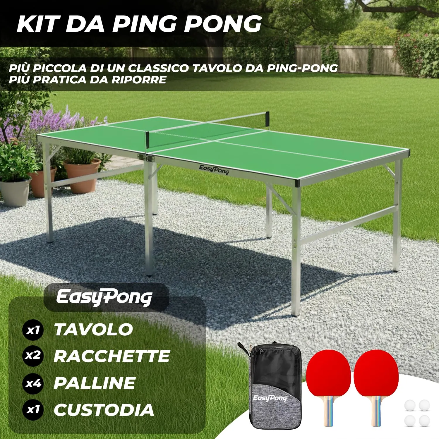 Original Cup EasyPong Tavolo da Ping Pong Verde 182x91cm con 2 Racchette e 4 Palline - immagine 2