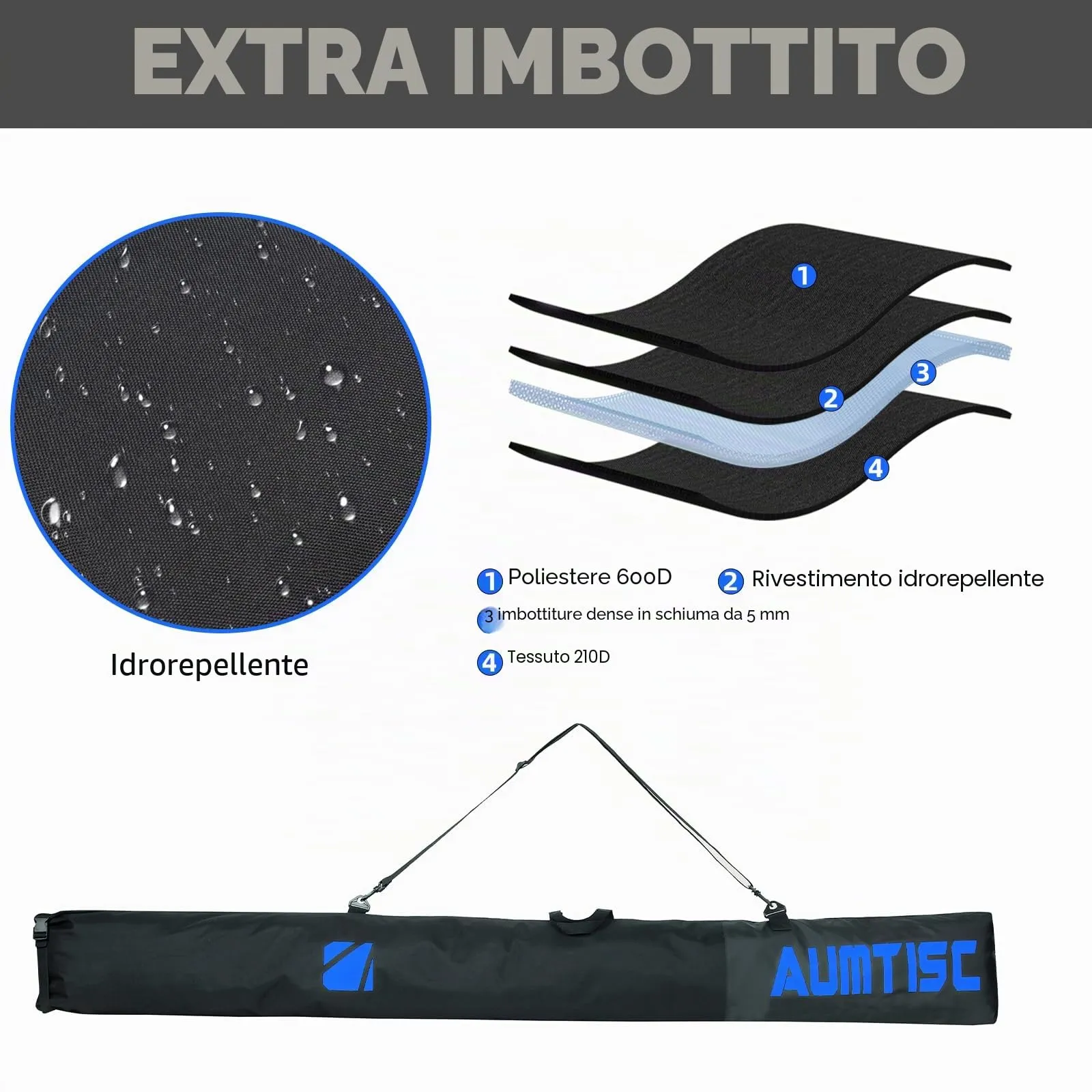 AUMTISC Sacca Portasci e Scarponi Imbottita, Lunghezza Regolabile fino a 200 cm, Blu - immagine 2