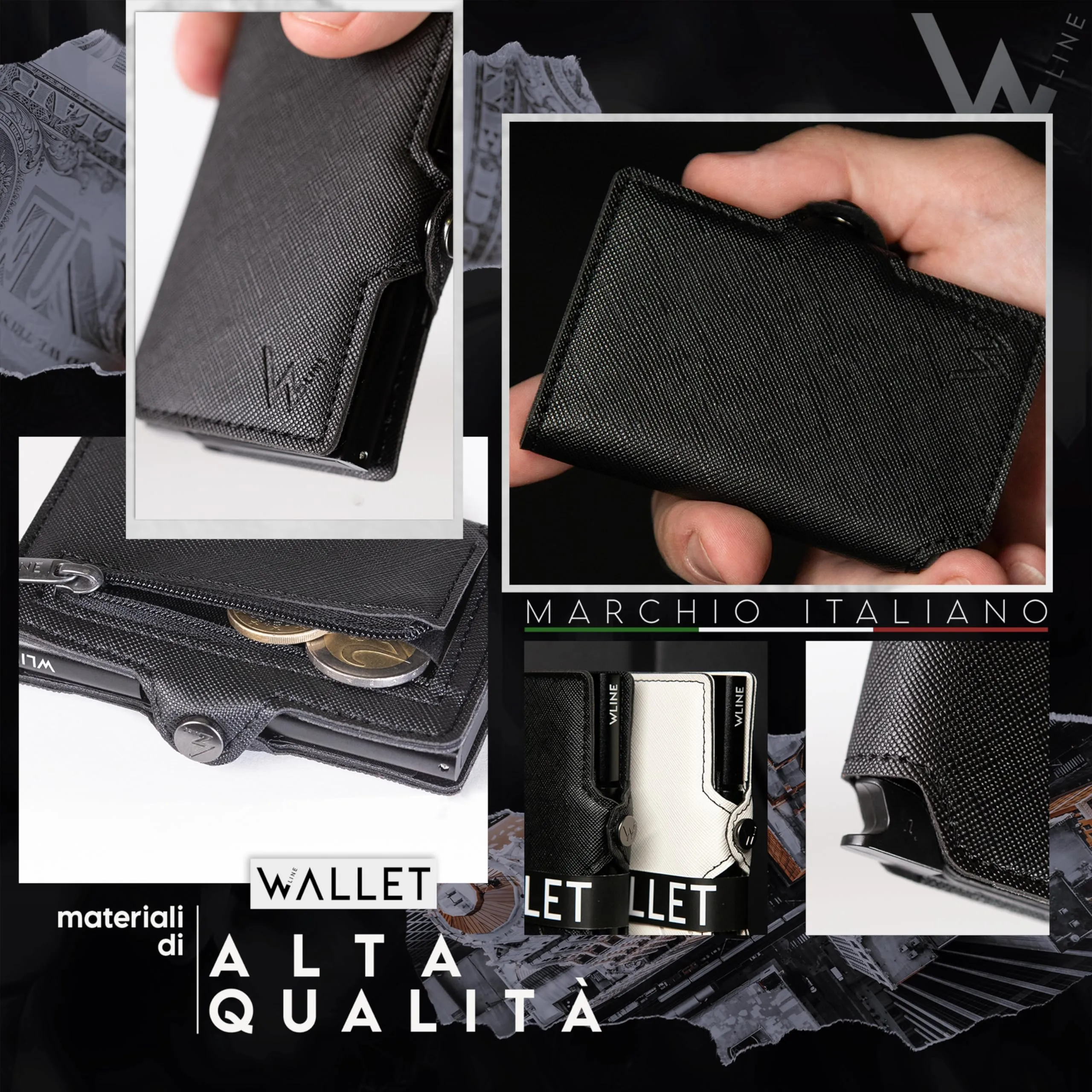 WLine Portafoglio Uomo Slim RFID in Pelle PU Saffiano con Zip - Nero Saffiano - immagine 3