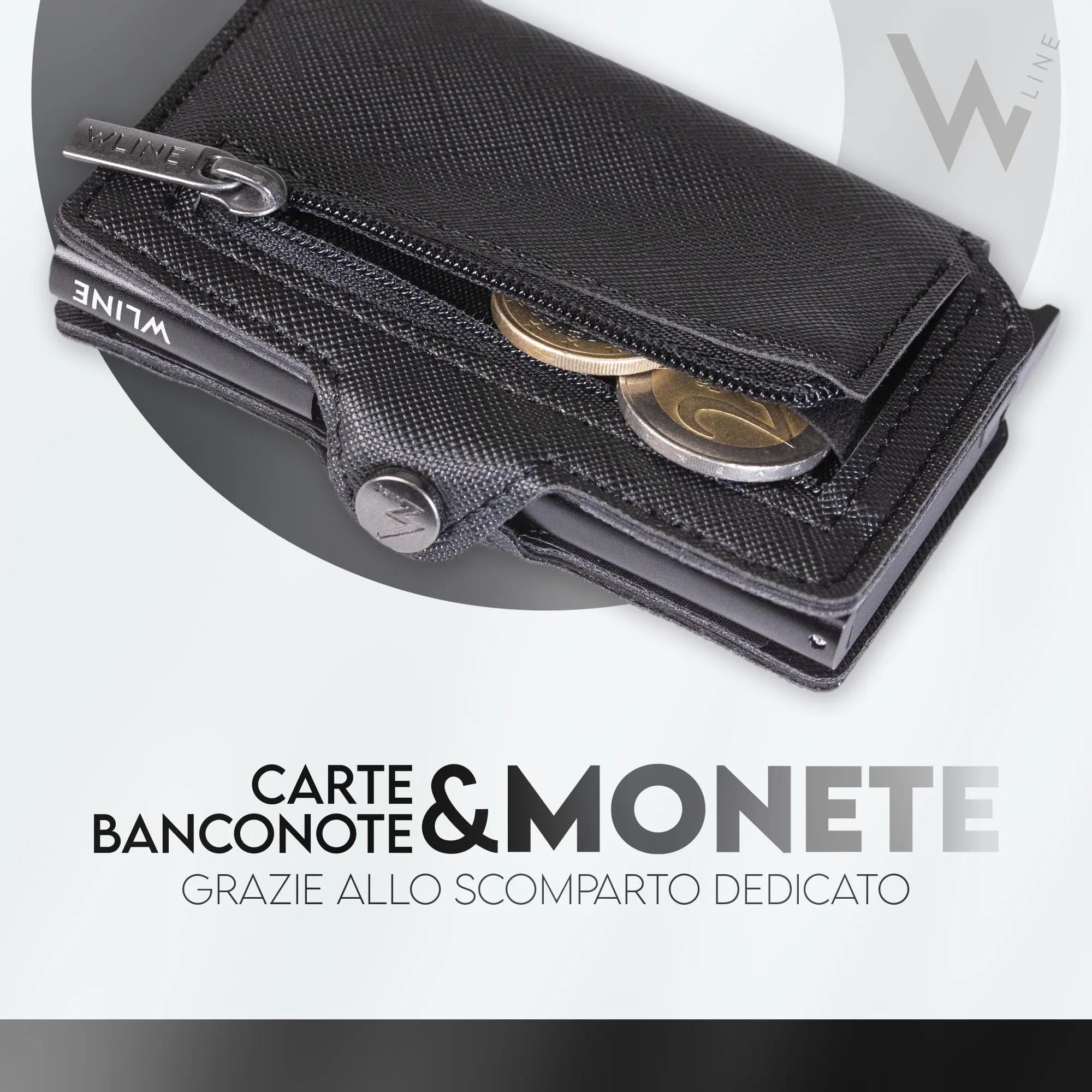 WLine Portafoglio Uomo Slim RFID in Pelle PU Saffiano con Zip - Nero Saffiano - immagine 4