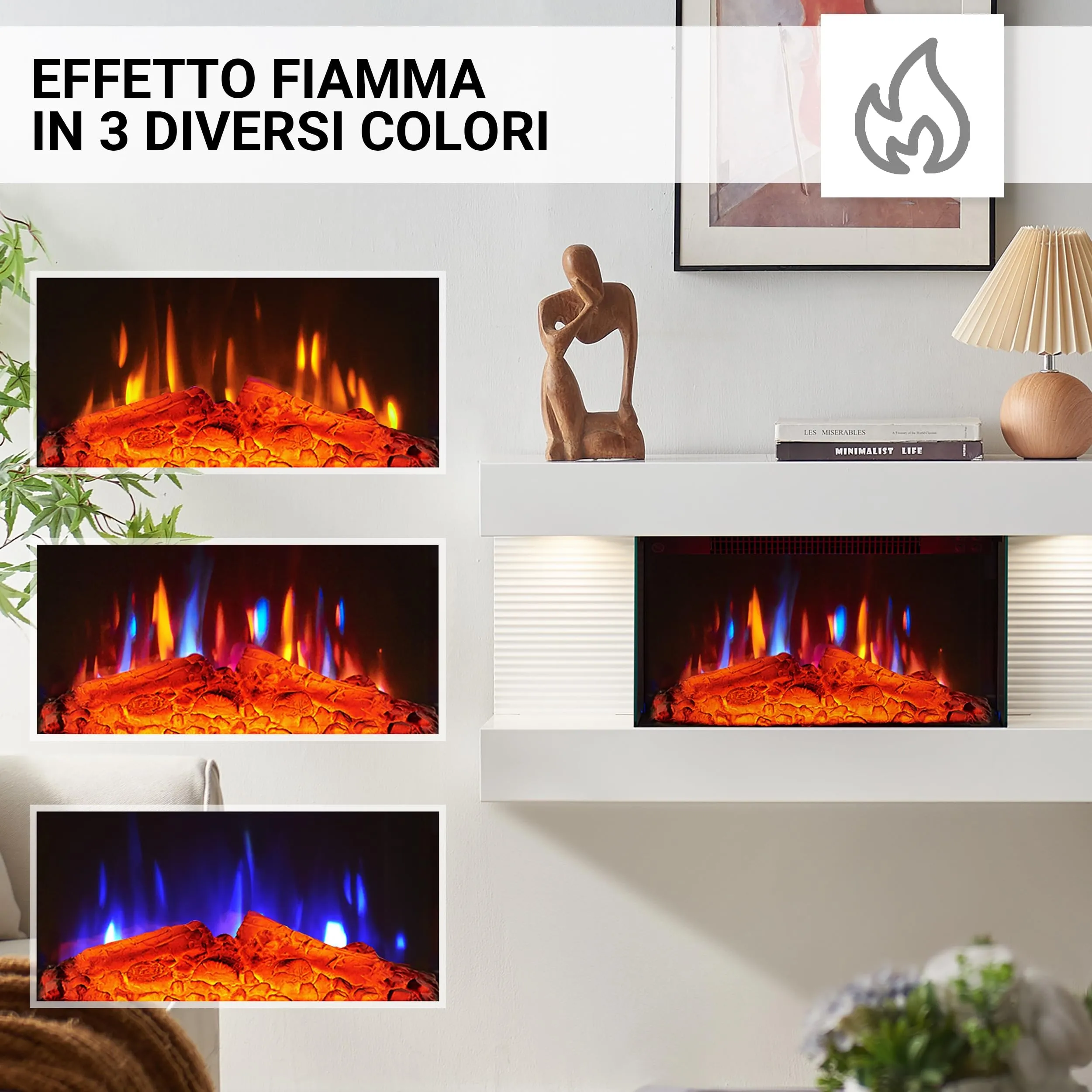 BALDERIA Ida Camino Elettrico da Parete, Effetto Fiamma 3D, 1800 W, Bianco - immagine 4