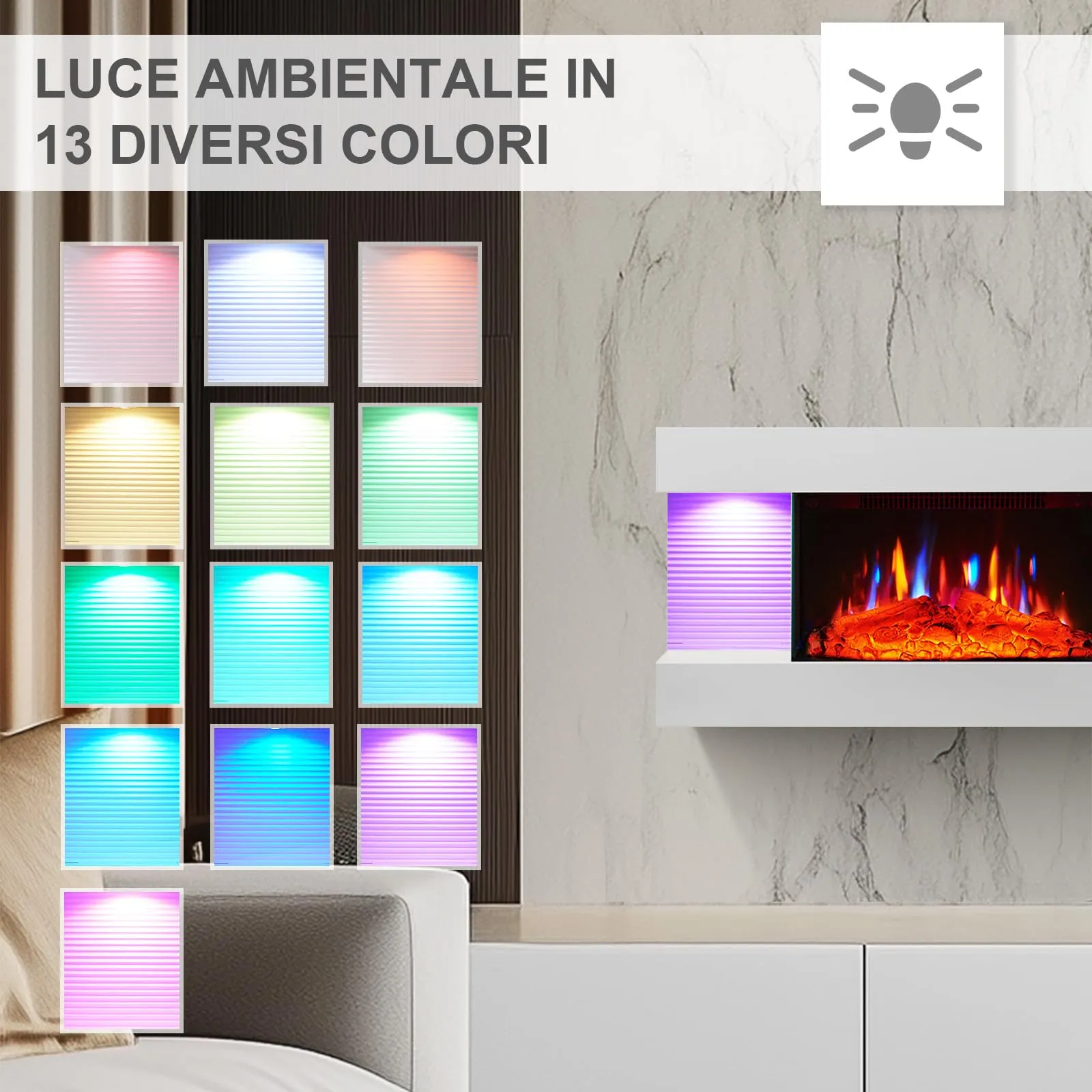BALDERIA Ida Camino Elettrico da Parete, Effetto Fiamma 3D, 1800 W, Bianco - immagine 5