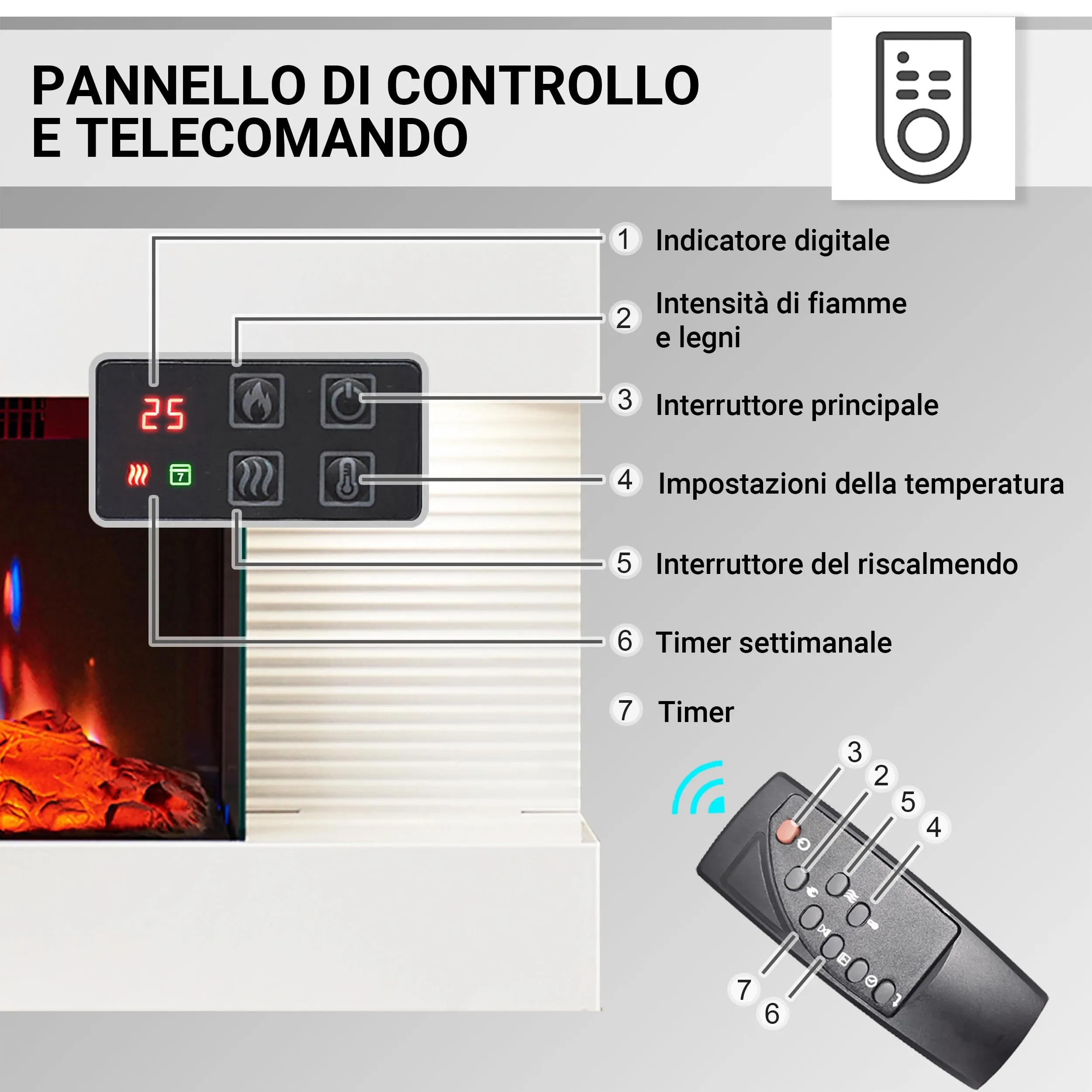 BALDERIA Ida Camino Elettrico da Parete, Effetto Fiamma 3D, 1800 W, Bianco - immagine 6