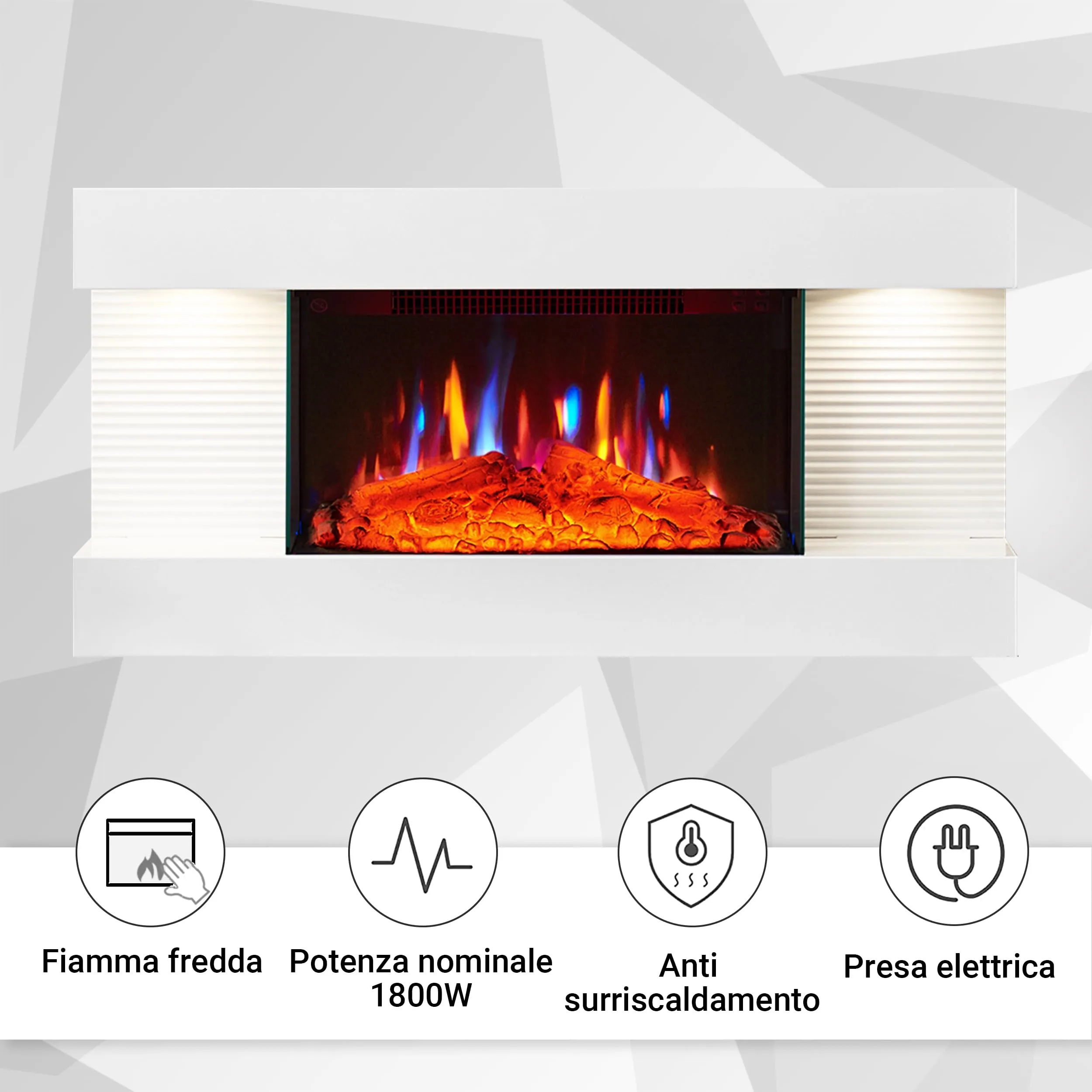BALDERIA Ida Camino Elettrico da Parete, Effetto Fiamma 3D, 1800 W, Bianco - immagine 8