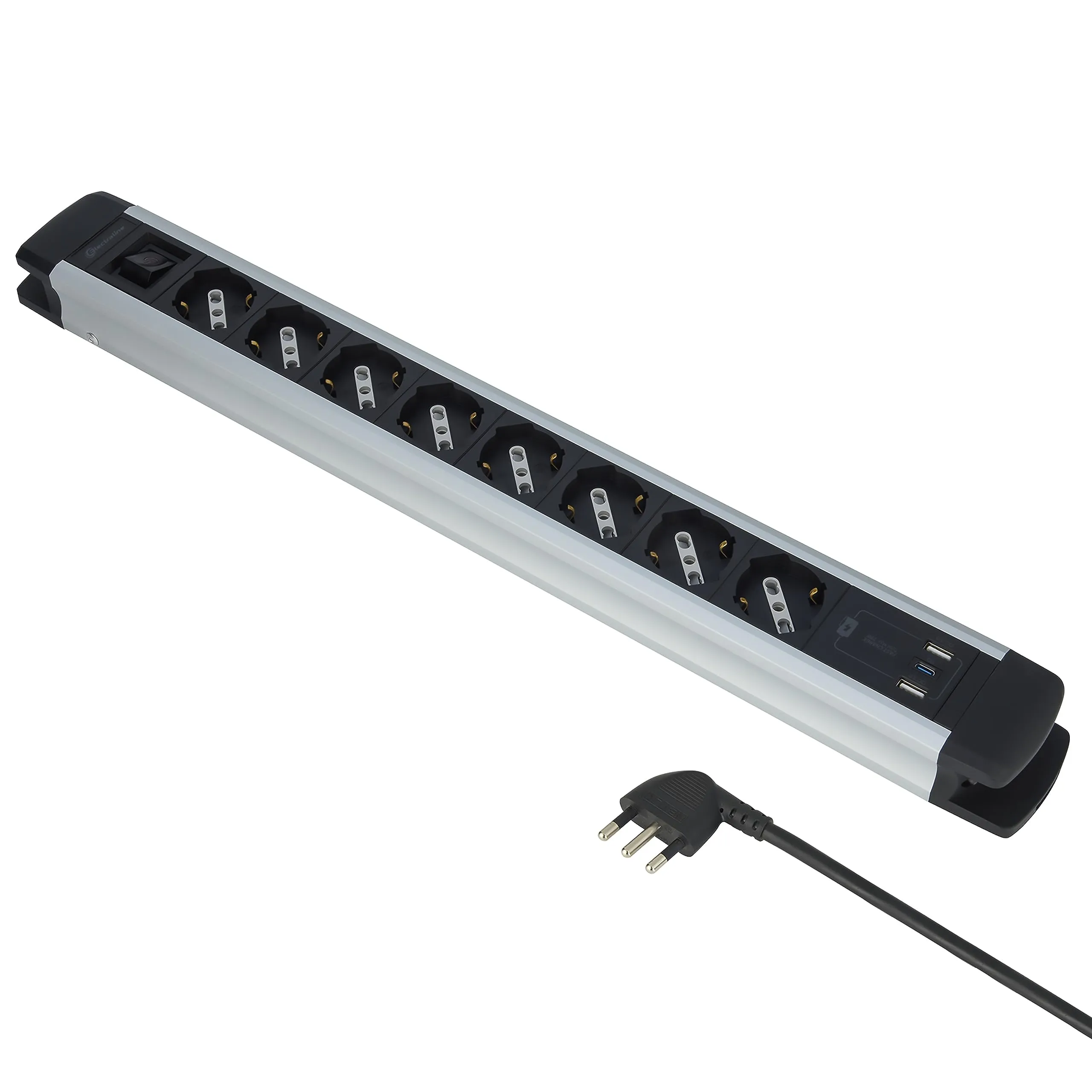 Electraline 61922 Alu-Line Multipresa 8 Posti Polivalenti, Schuko + 10/16 A, 3 USB (2 USB-A 3.0A + 1 USB-C 20W PD), Interruttore Luminoso, 2m, Alluminio - immagine 1