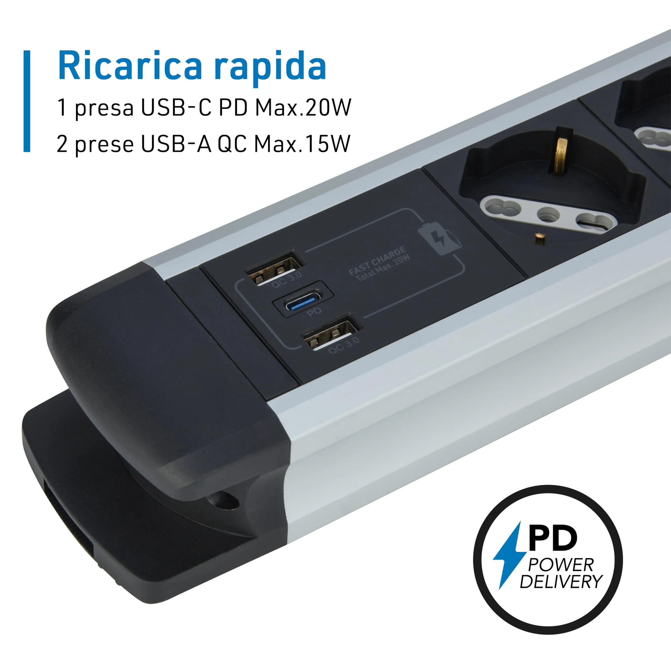 Electraline 61922 Alu-Line Multipresa 8 Posti Polivalenti, Schuko + 10/16 A, 3 USB (2 USB-A 3.0A + 1 USB-C 20W PD), Interruttore Luminoso, 2m, Alluminio - immagine 2