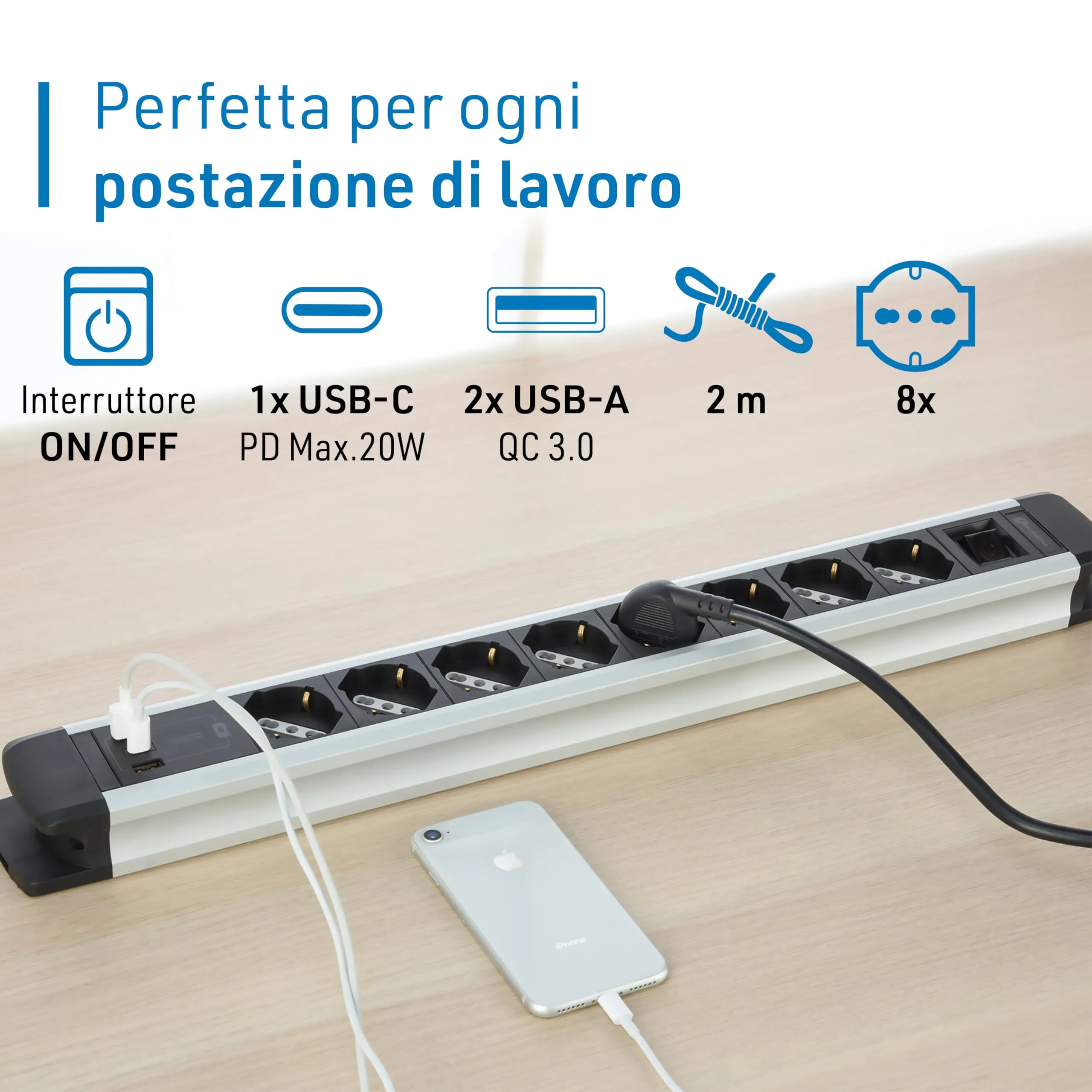 Electraline 61922 Alu-Line Multipresa 8 Posti Polivalenti, Schuko + 10/16 A, 3 USB (2 USB-A 3.0A + 1 USB-C 20W PD), Interruttore Luminoso, 2m, Alluminio - immagine 3