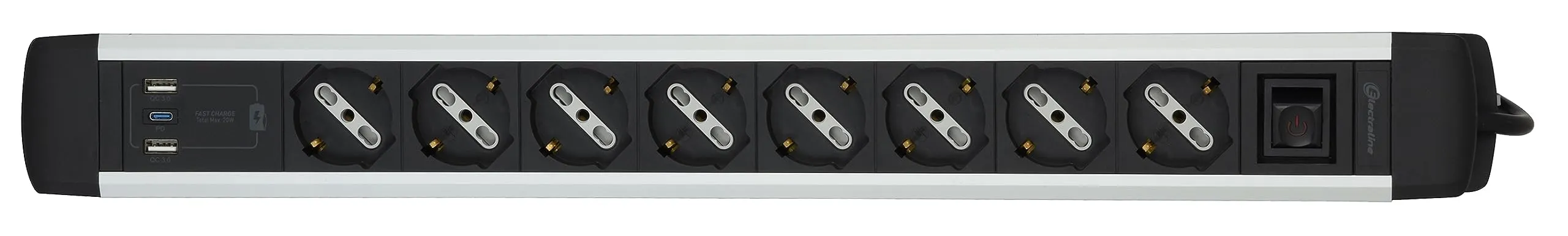 Electraline 61922 Alu-Line Multipresa 8 Posti Polivalenti, Schuko + 10/16 A, 3 USB (2 USB-A 3.0A + 1 USB-C 20W PD), Interruttore Luminoso, 2m, Alluminio - immagine 6