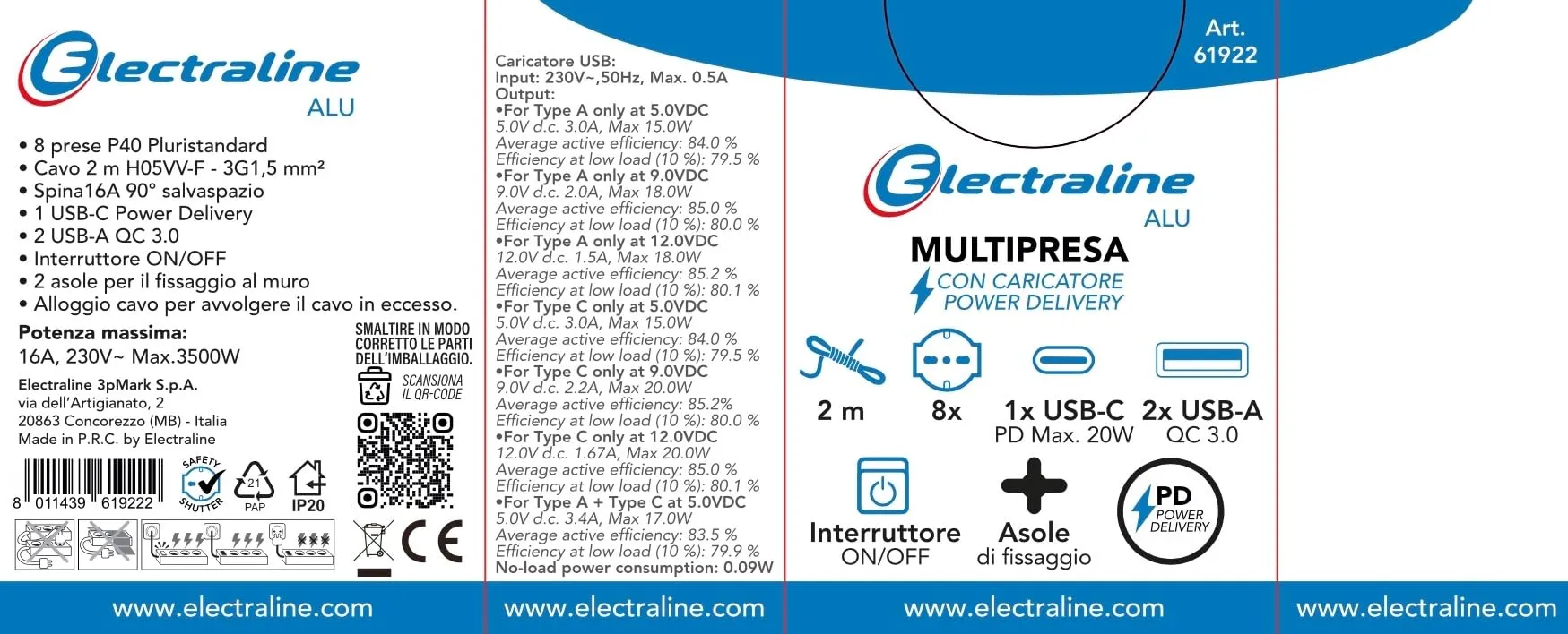 Electraline 61922 Alu-Line Multipresa 8 Posti Polivalenti, Schuko + 10/16 A, 3 USB (2 USB-A 3.0A + 1 USB-C 20W PD), Interruttore Luminoso, 2m, Alluminio - immagine 7