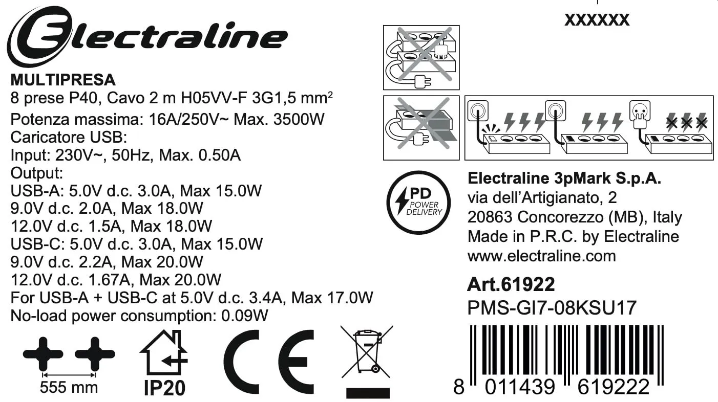 Electraline 61922 Alu-Line Multipresa 8 Posti Polivalenti, Schuko + 10/16 A, 3 USB (2 USB-A 3.0A + 1 USB-C 20W PD), Interruttore Luminoso, 2m, Alluminio - immagine 8