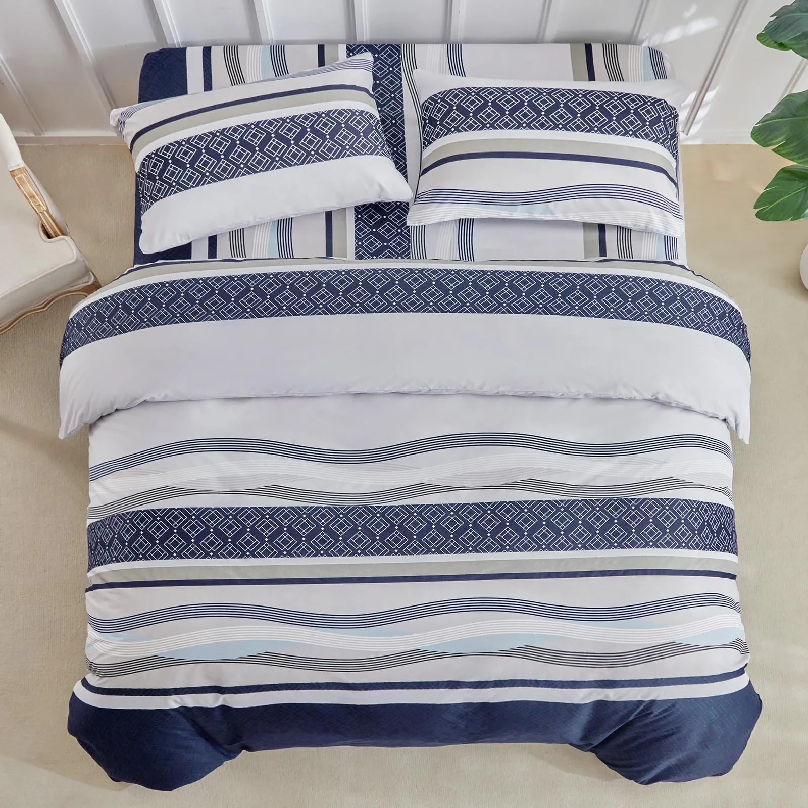 Tokokimo Set Copripiumino Matrimoniale 3 Pezzi in Microfibra a Righe, 240x220cm, Blu - immagine 3