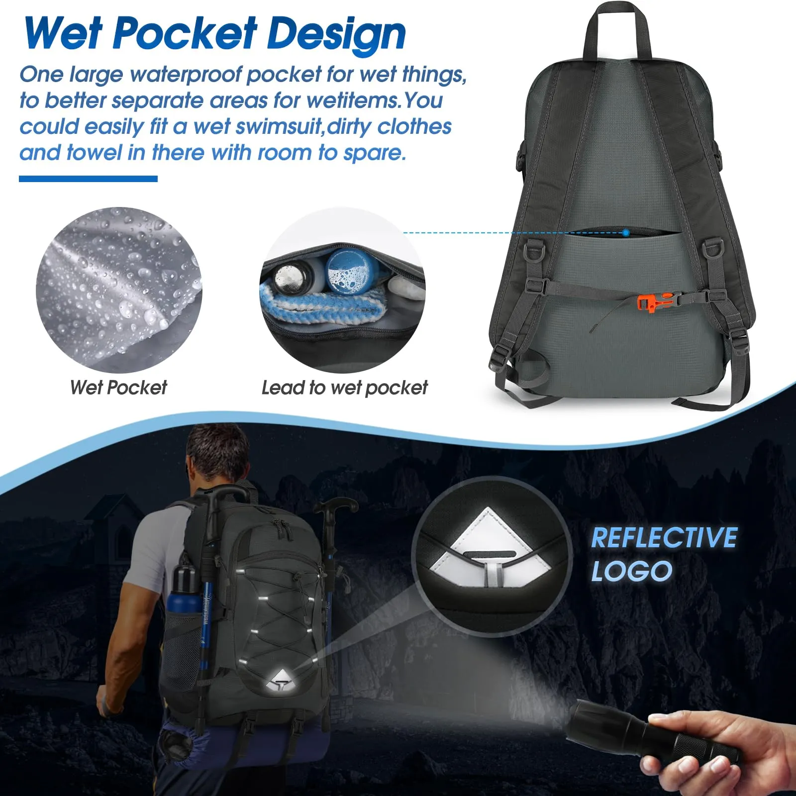 IGOLUMON Zaino Trekking 40 Litri Ultraleggero Pieghevole Impermeabile con Strisce Riflettenti - immagine 3